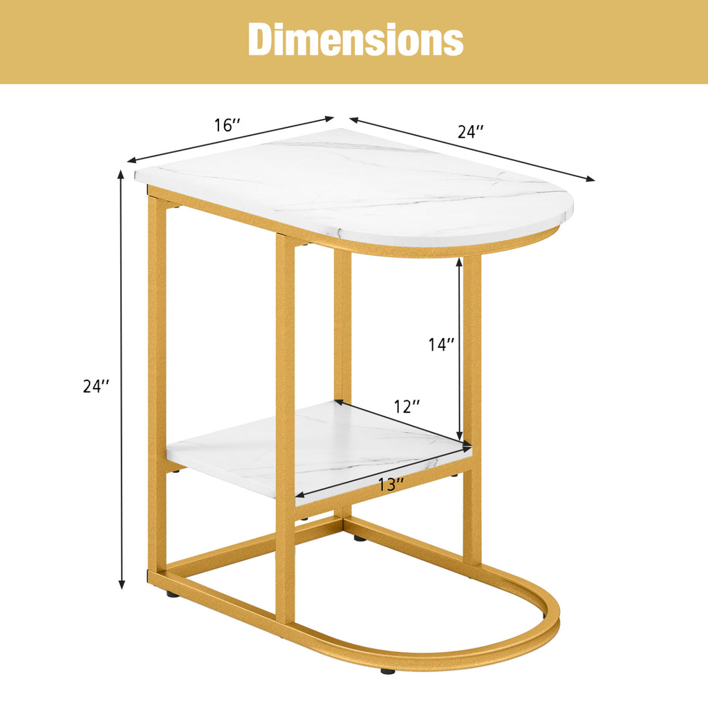 C-Shaped Modern Sofa Side Table with Storage Shelf, Marble Top - Set of 2, White
