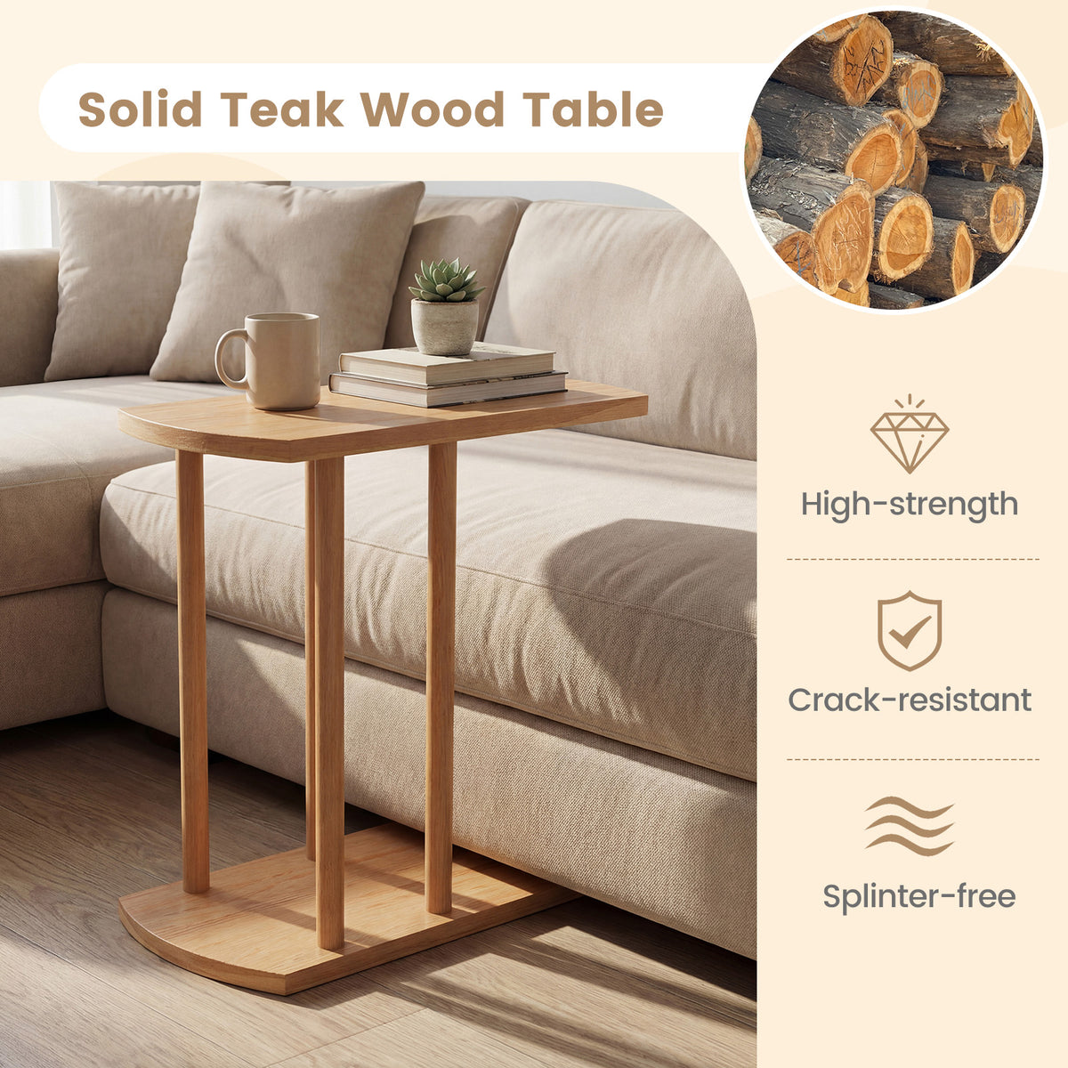 C-Shaped Teak Wood Side Table - 2-Tier Narrow