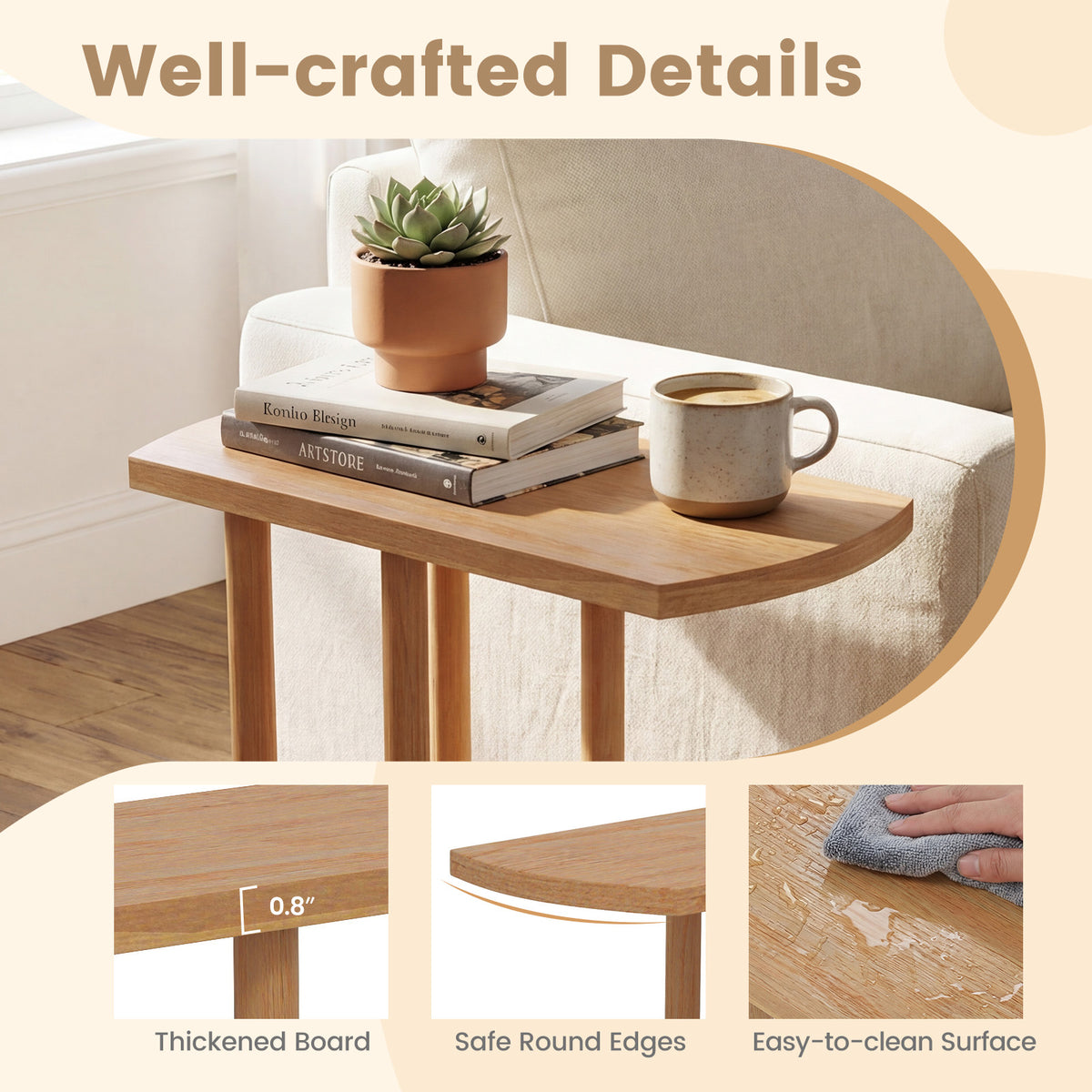 Teak Wood C-Shaped Side Table - 2-Tier Narrow Design