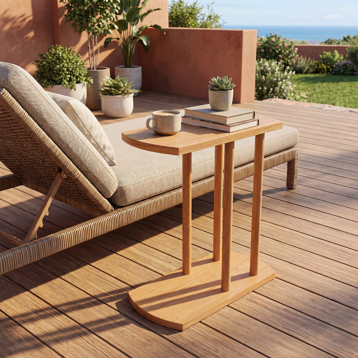 Teak Wood C-Shaped Side Table - 2-Tier Narrow Design