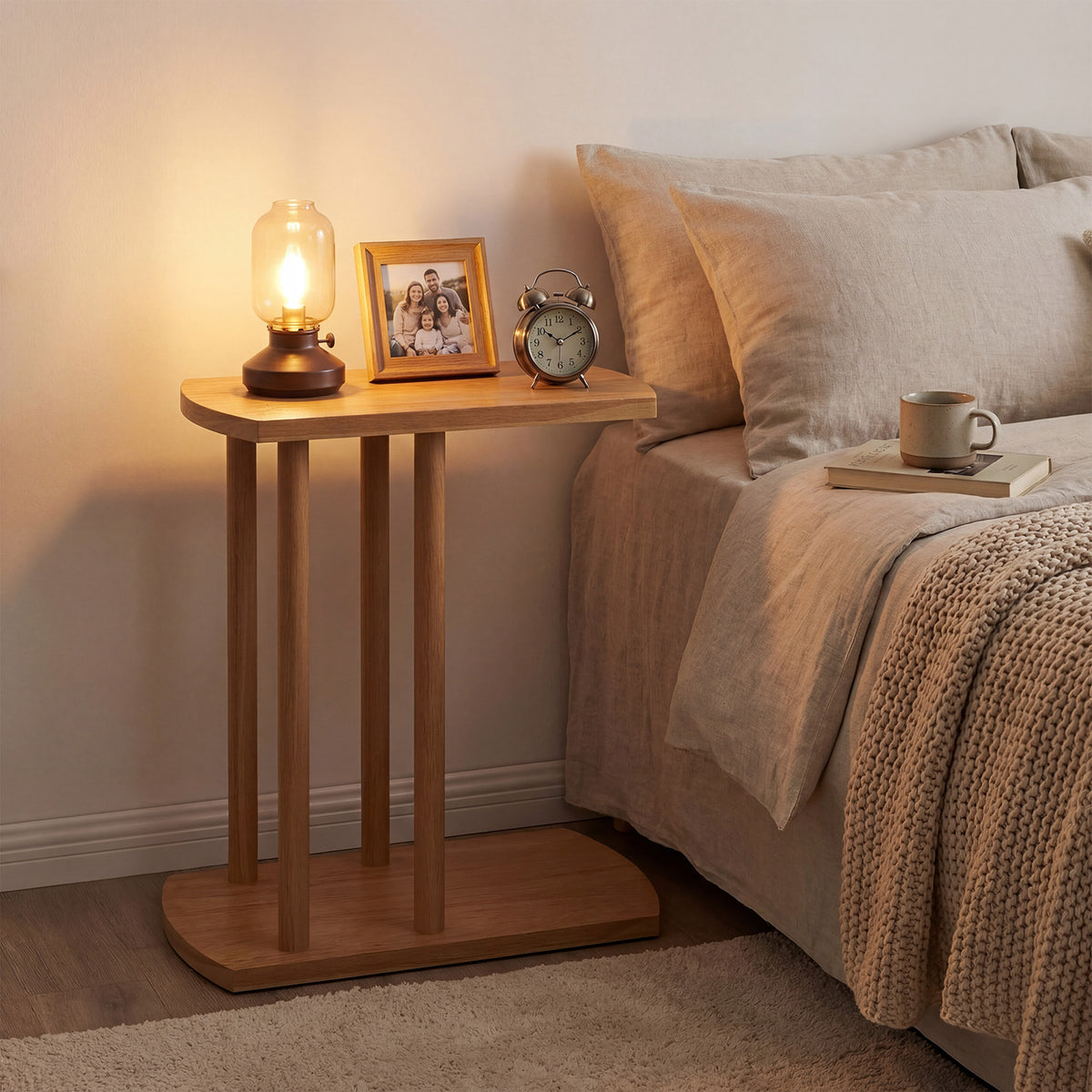 Teak Wood C-Shaped Side Table - 2-Tier Narrow Design