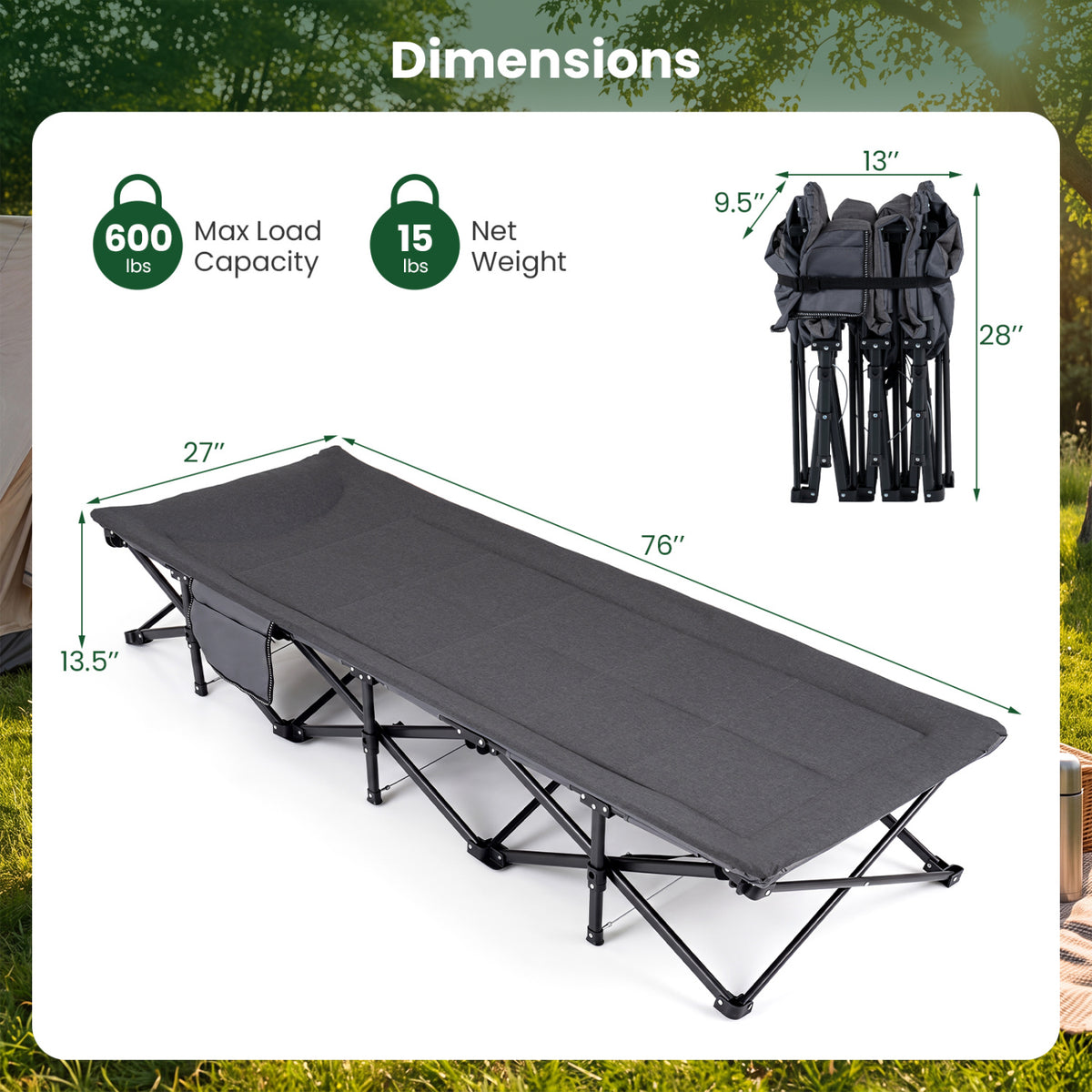 Camping Cot with Padded Pillow and Storage Pouch for Travel