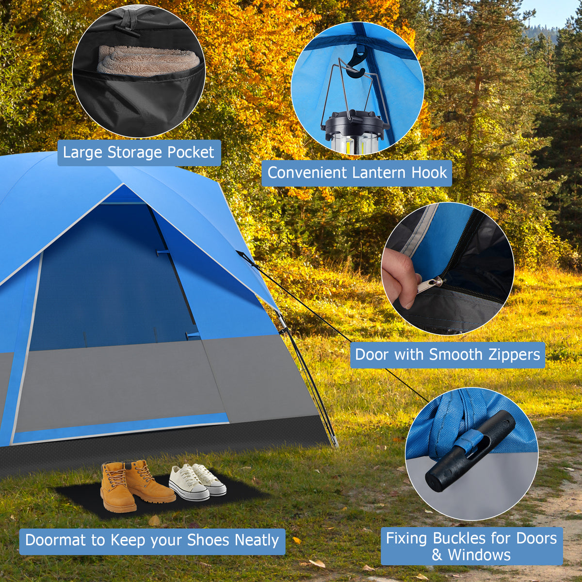 3 Person Outdoor Camping Tent with Removable Floor Mat for Hiking