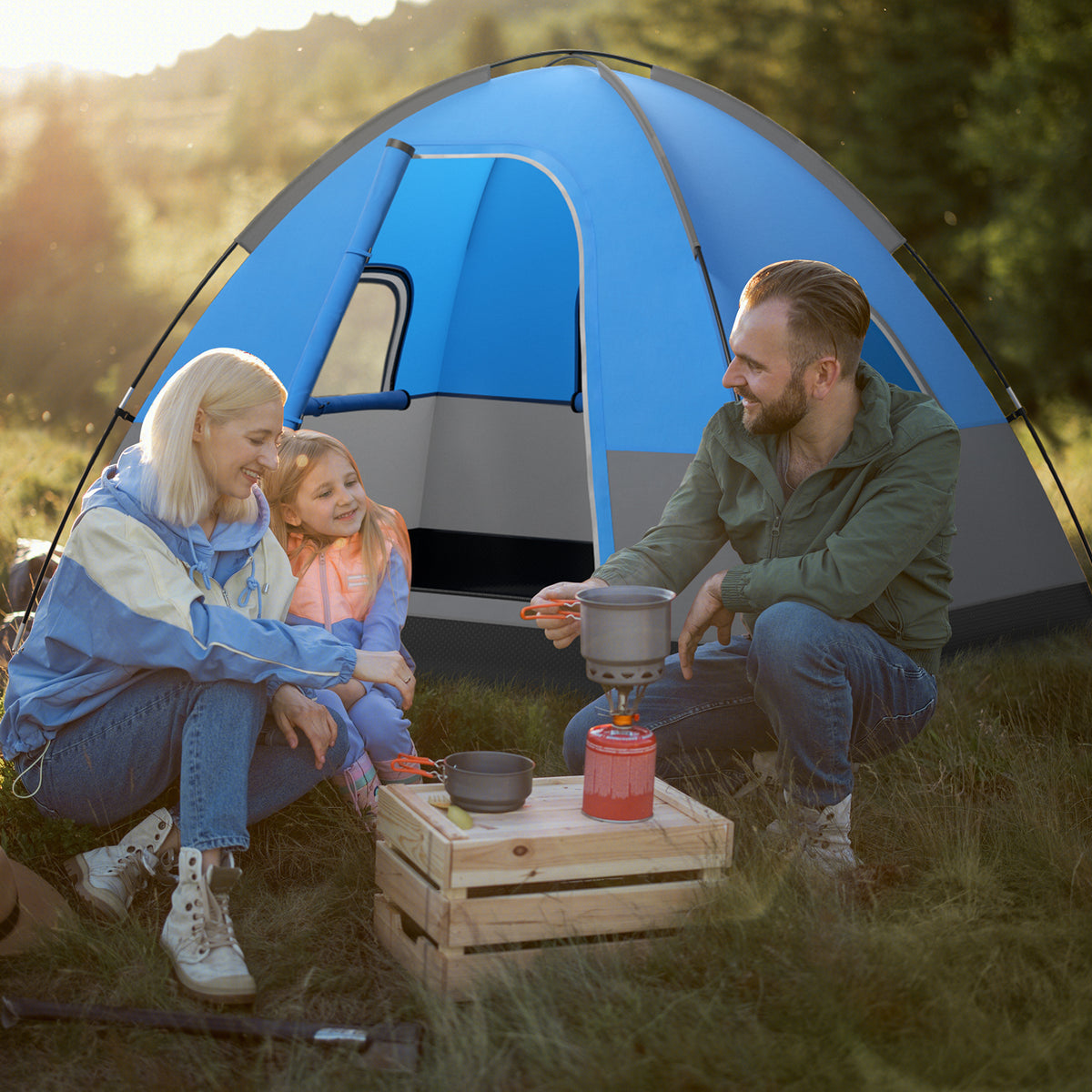 3 Person Outdoor Camping Tent with Removable Floor Mat for Hiking