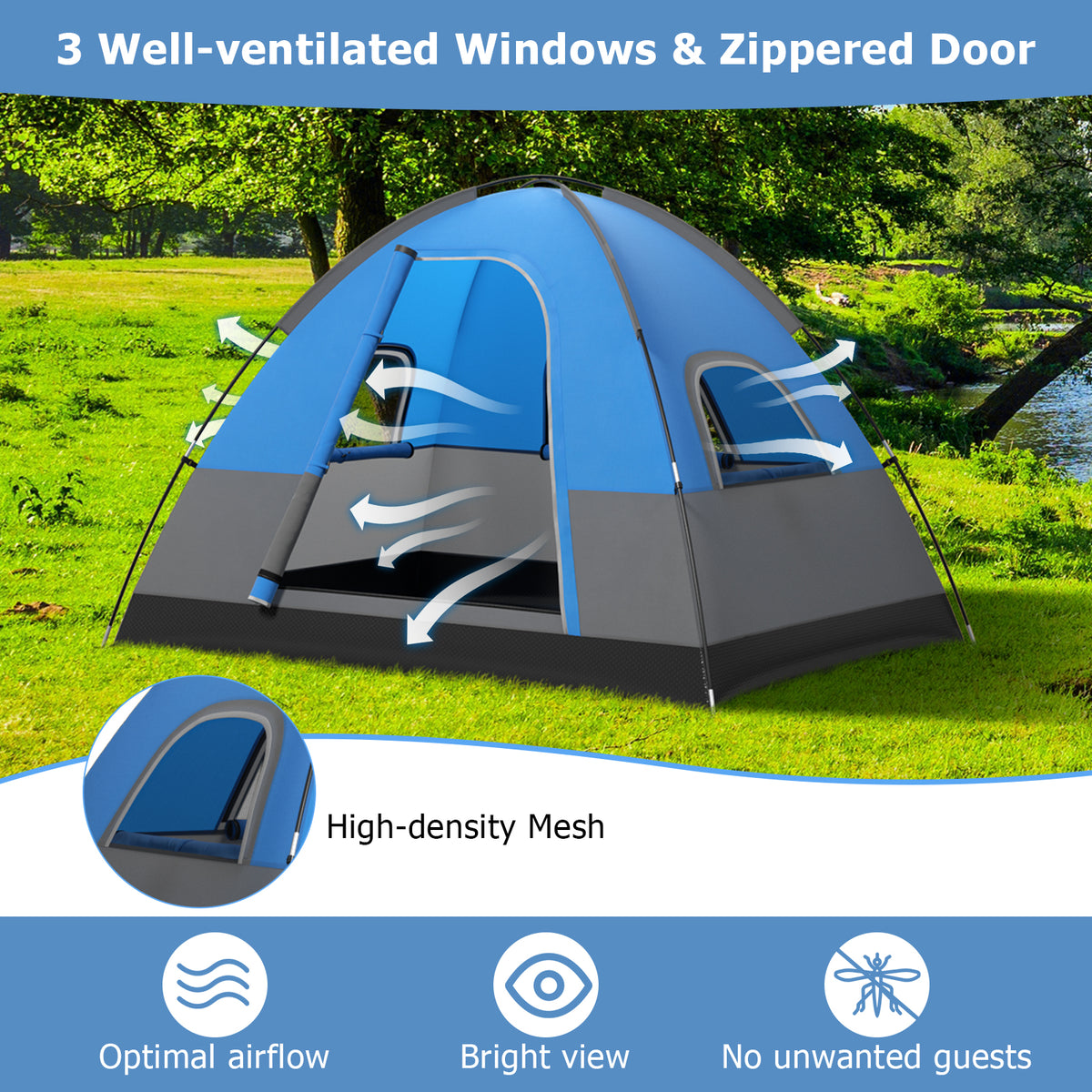 3 Person Outdoor Camping Tent with Removable Floor Mat for Hiking