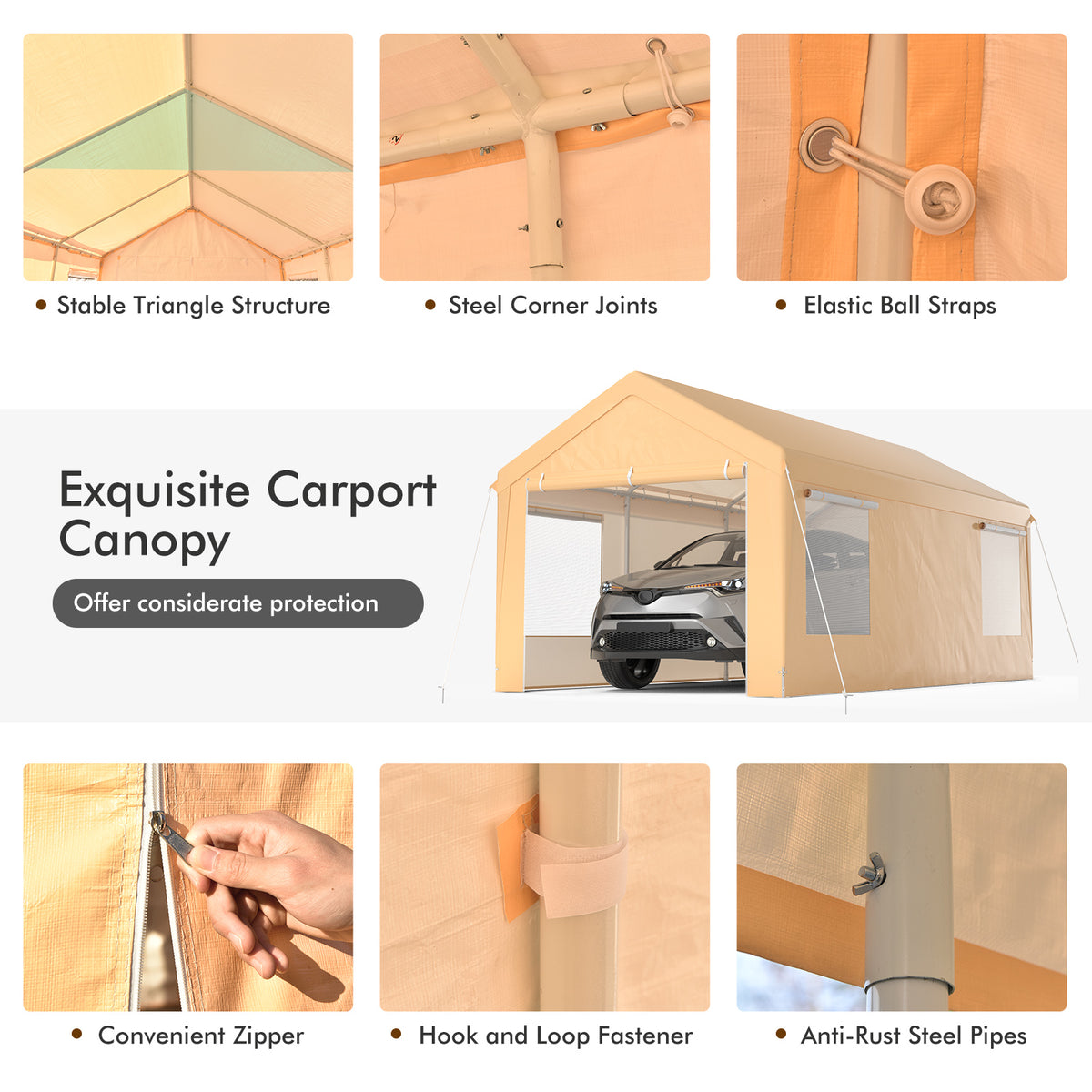 10 x 20 Feet Portable Heavy-Duty Carport with Removable Sidewalls