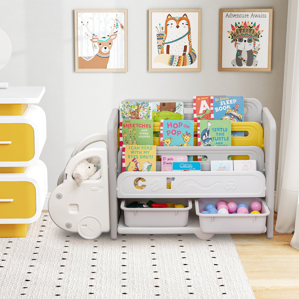 Kids Car Theme Toy Storage Bookshelf with 3-Tier Bookshelf and Storage Boxes