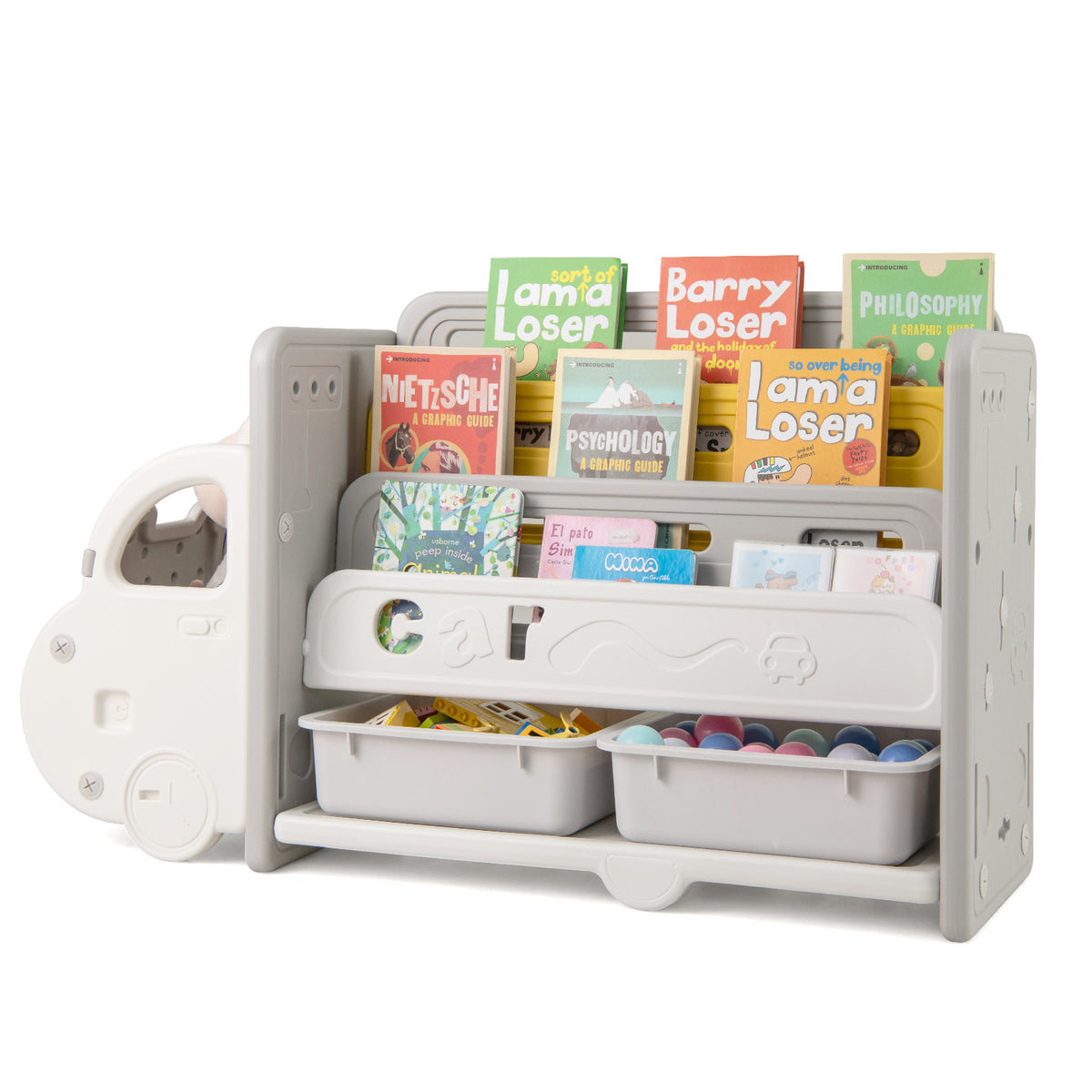 Kids Car Theme Toy Storage Bookshelf with 3-Tier Bookshelf and Storage Boxes