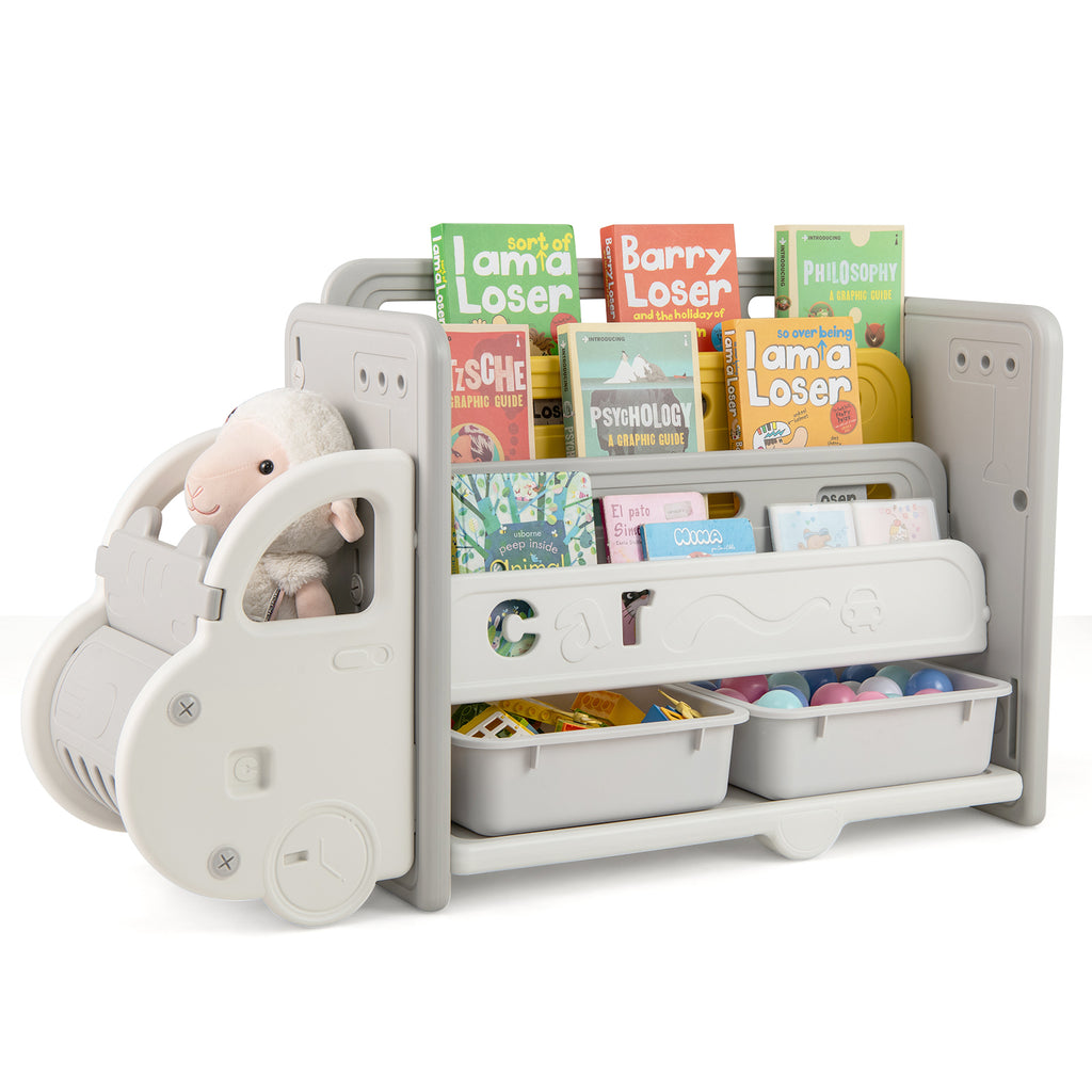Kids Car Theme Toy Storage Bookshelf with 3-Tier Bookshelf and Storage Boxes