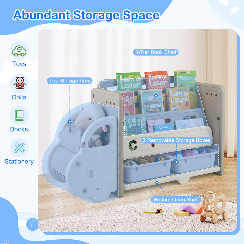 Kids Car Theme Toy Storage Bookshelf with 3-Tier Bookshelf and Storage Boxes