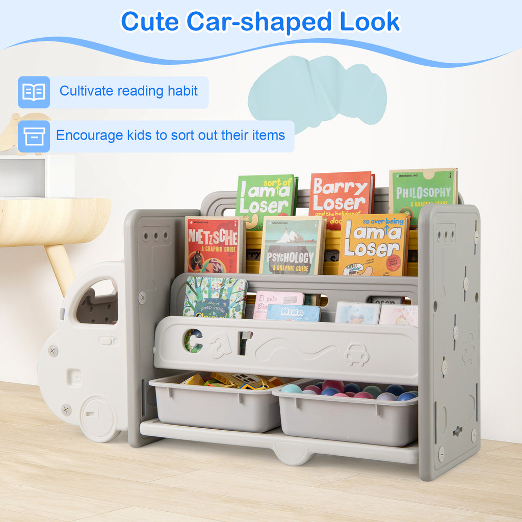Kids Car Theme Toy Storage Bookshelf with 3-Tier Bookshelf and Storage Boxes
