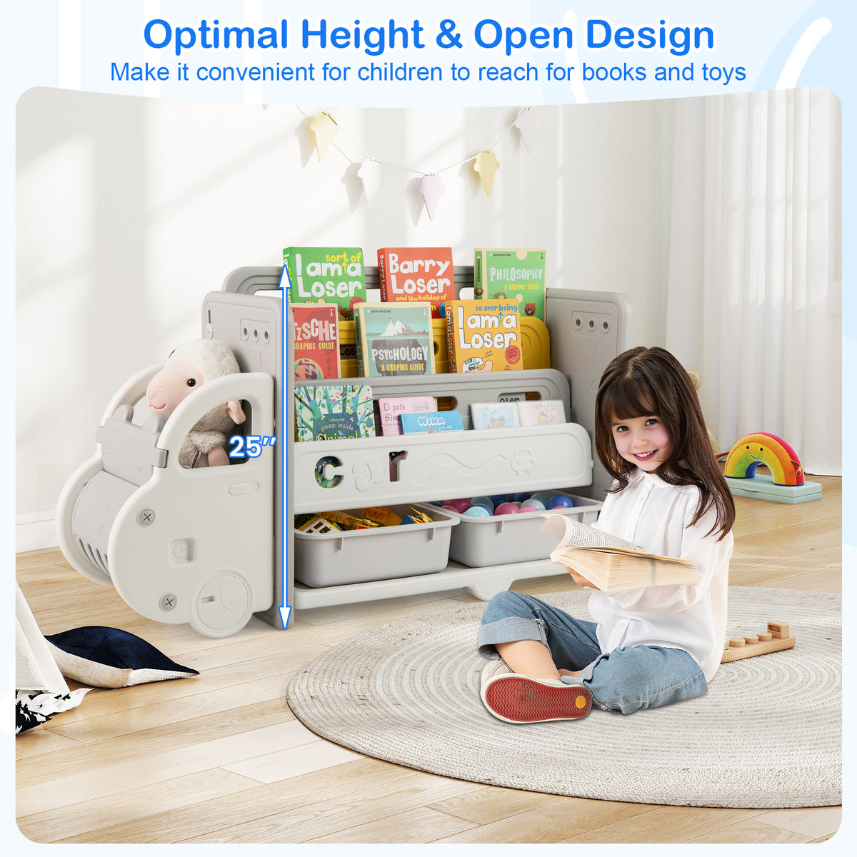 Kids Car Theme Toy Storage Bookshelf with 3-Tier Bookshelf and Storage Boxes