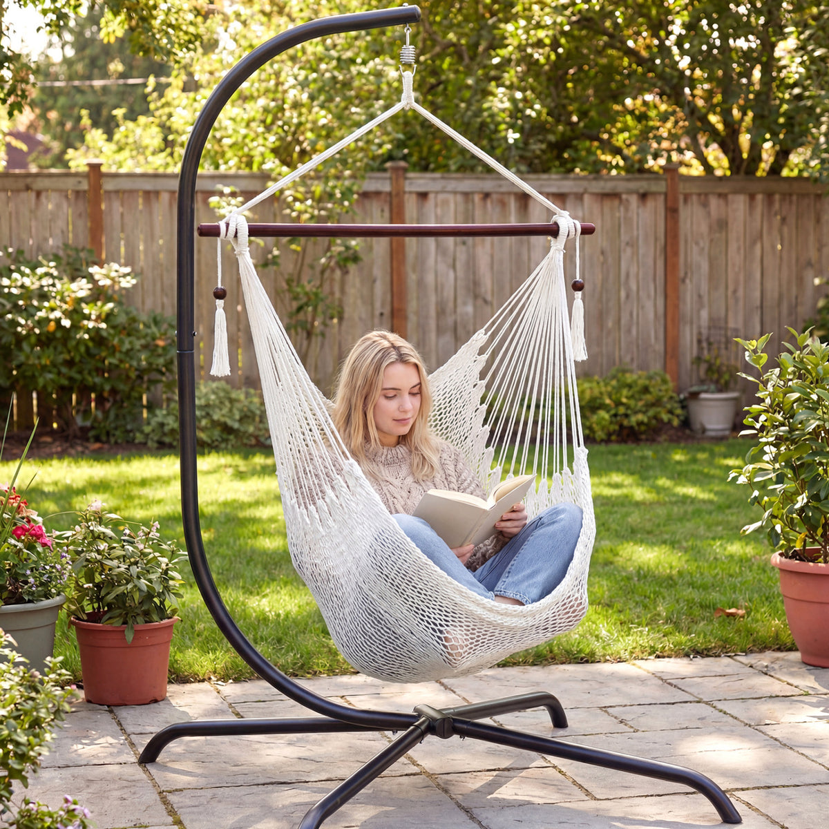 Caribbean Hammock Chair with Metal Spreader Bar Woven Rope Swing