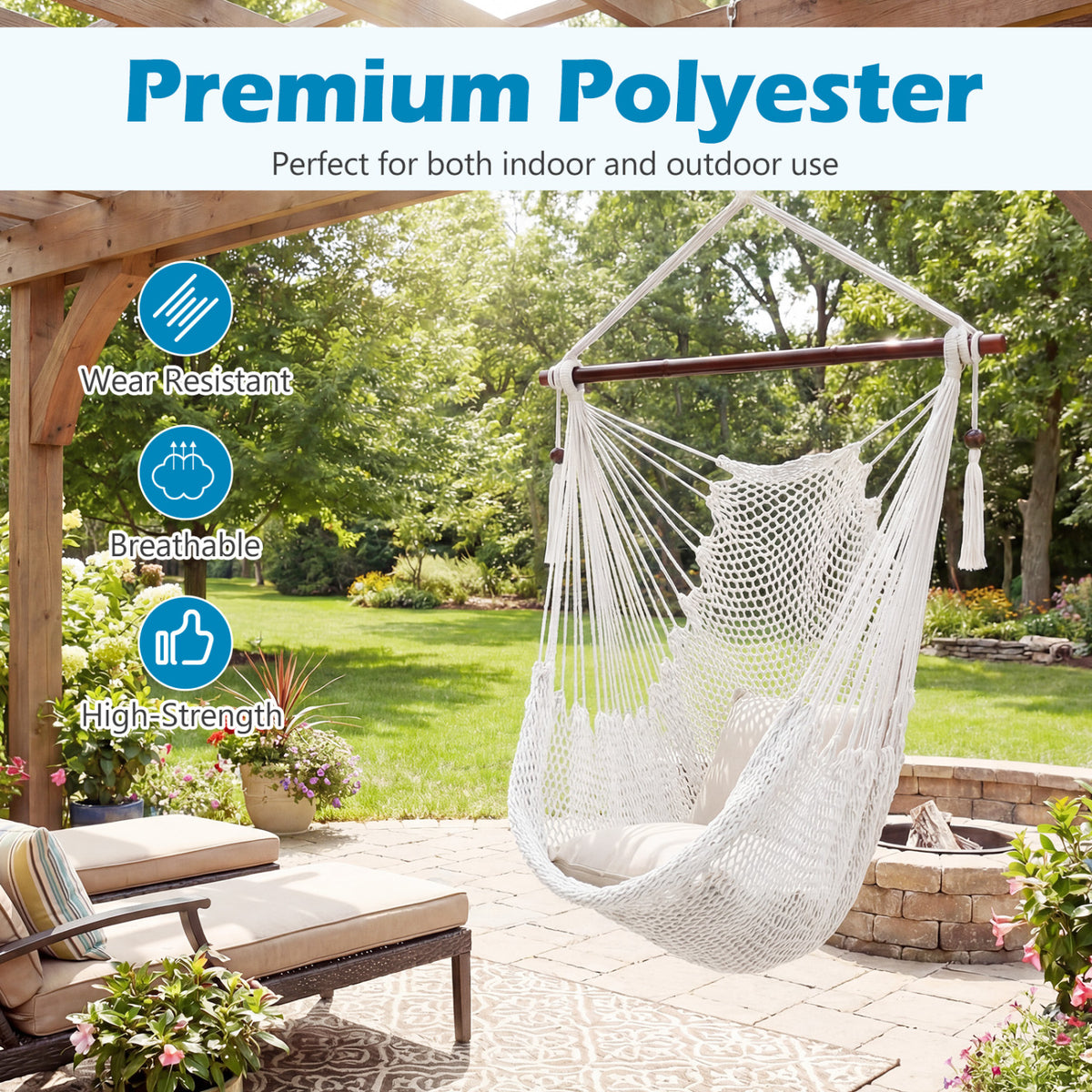 Caribbean Hammock Chair with Metal Spreader Bar Woven Rope Swing