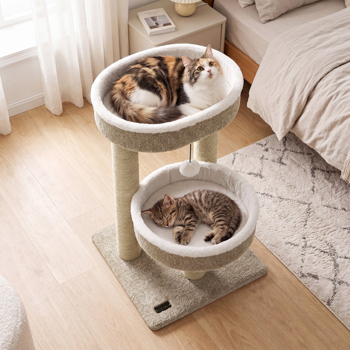 24-Inch Cat Tower with Plush Perches, Scratching Posts & Dangling Ball - Beige