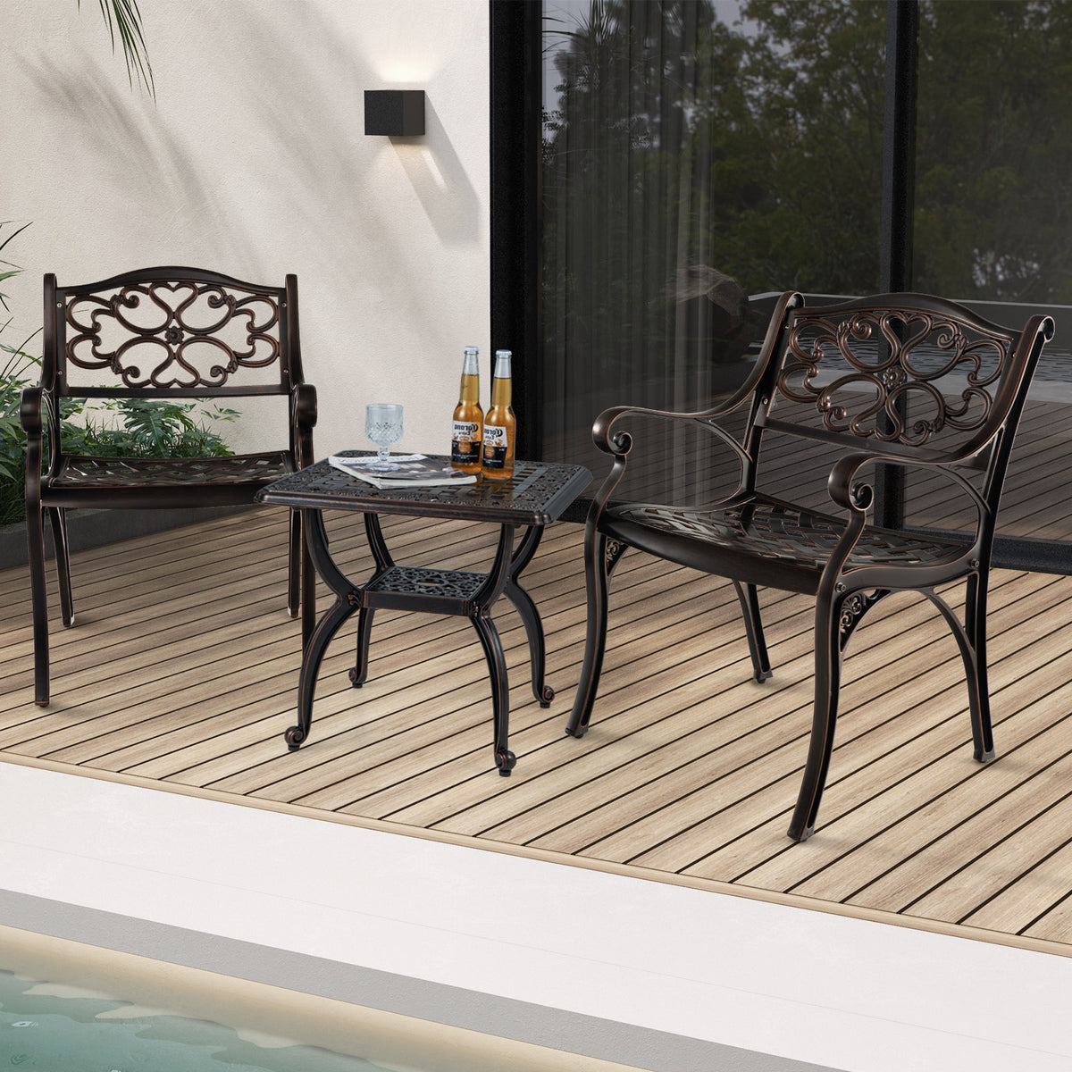Cast Aluminum Dining Chairs Set of 2 with Patio Armrests Flower
