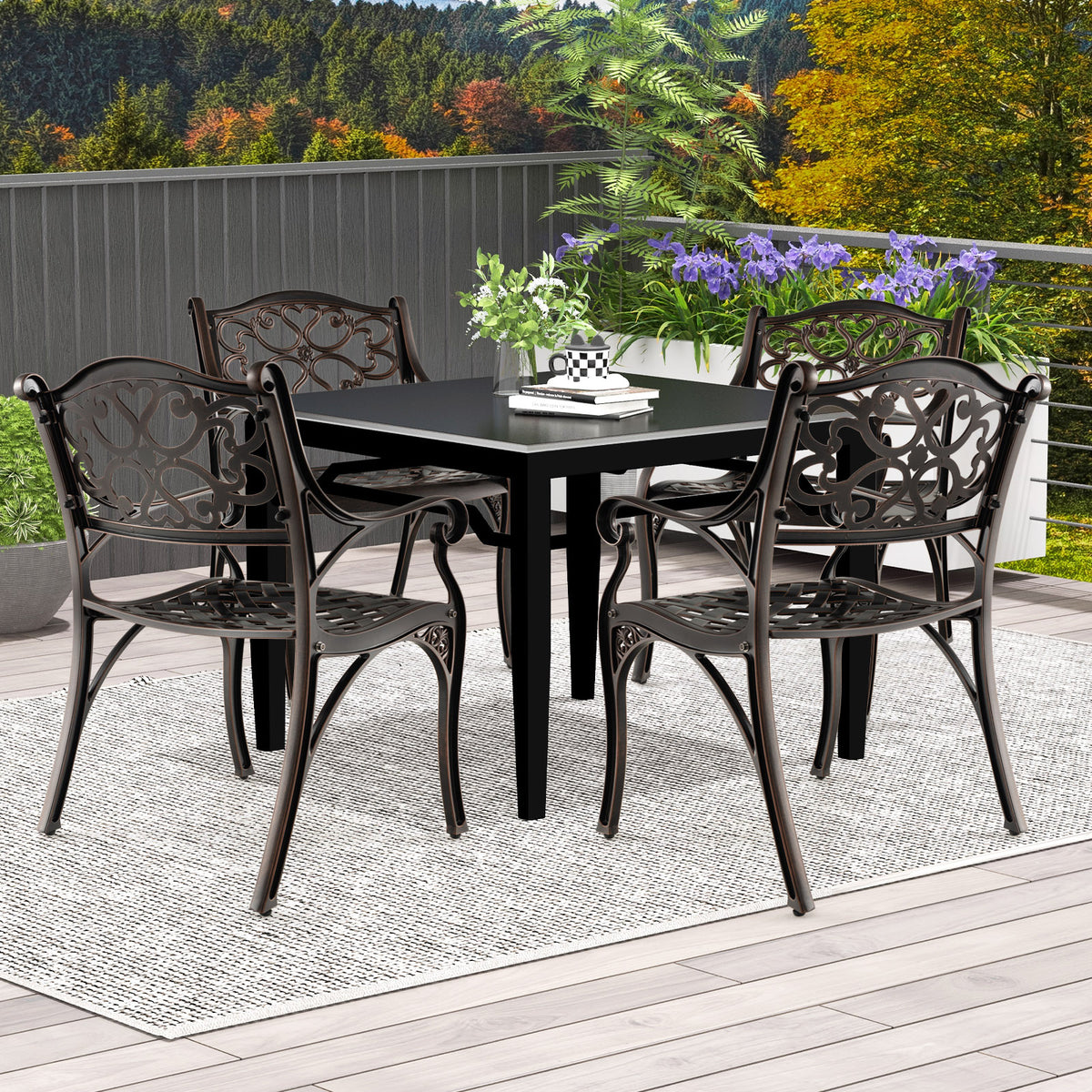 Cast Aluminum Dining Chairs Set of 2 with Patio Armrests Flower