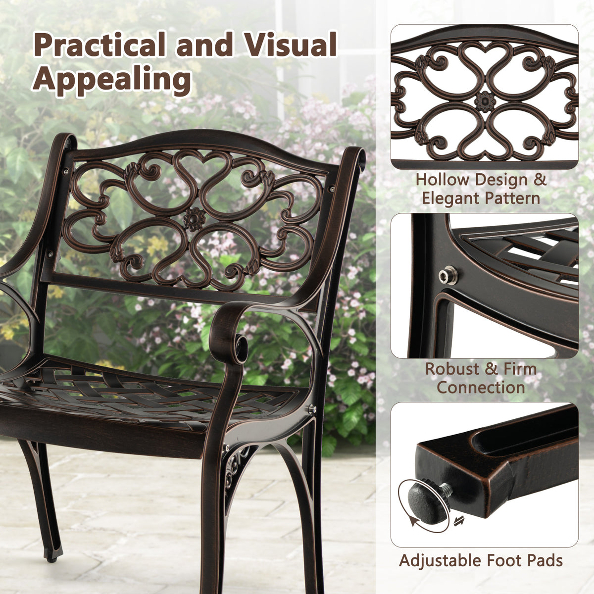 Cast Aluminum Dining Chairs Set of 2 with Patio Armrests Flower