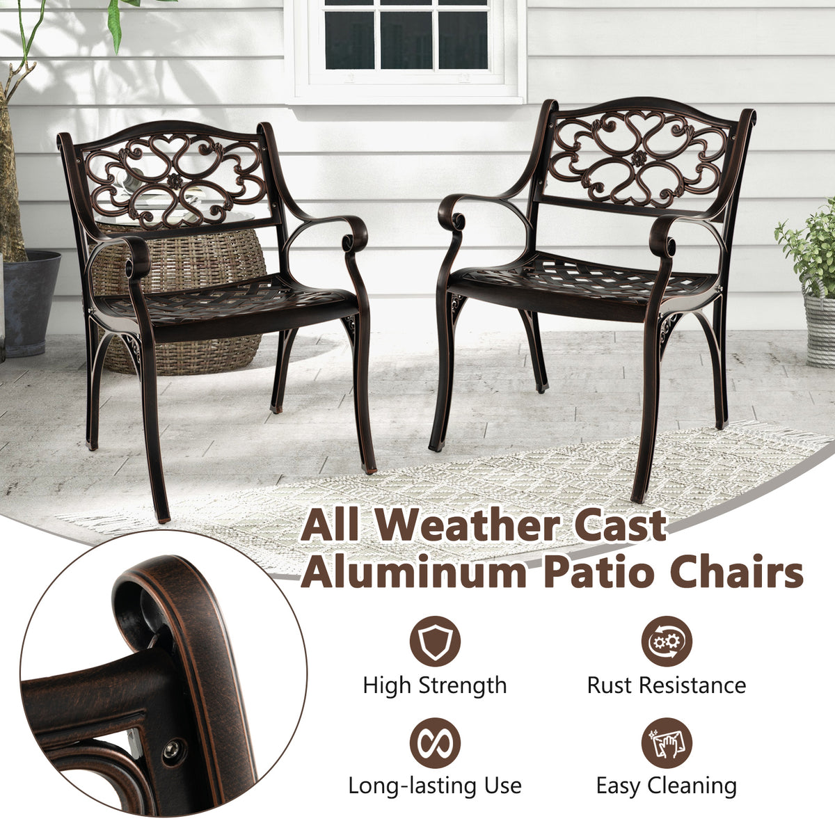 Cast Aluminum Dining Chairs Set of 2 with Patio Armrests Flower