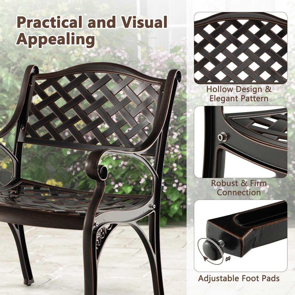 Cast Aluminum Patio Chairs Set of 2 Dining with Armrests Diamond
