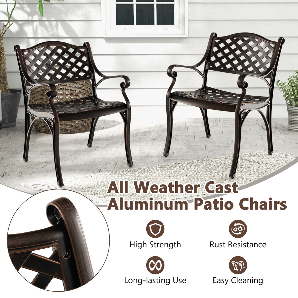 Cast Aluminum Patio Chairs Set of 2 Dining with Armrests Diamond