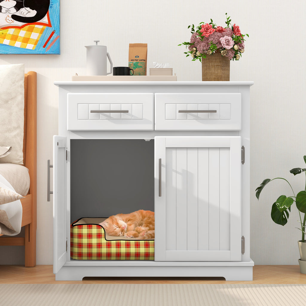 White Cat Litter Box Enclosure with 2 Drawers & Double Doors - Discreet Cat Cabinet