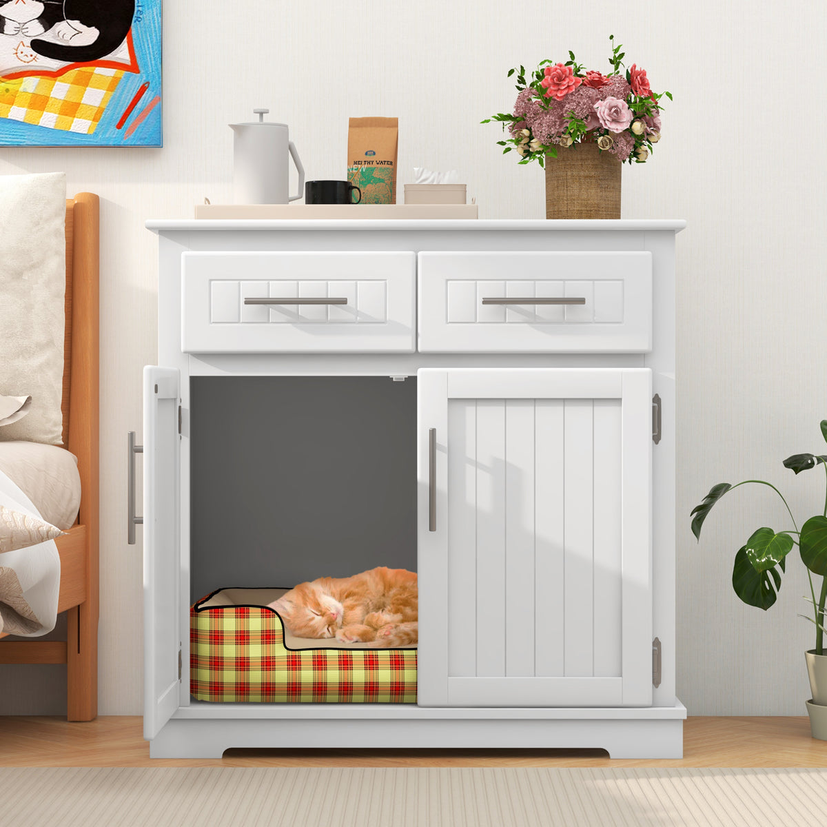 White Cat Litter Box Enclosure with 2 Drawers & Double Doors - Discreet Cat Cabinet