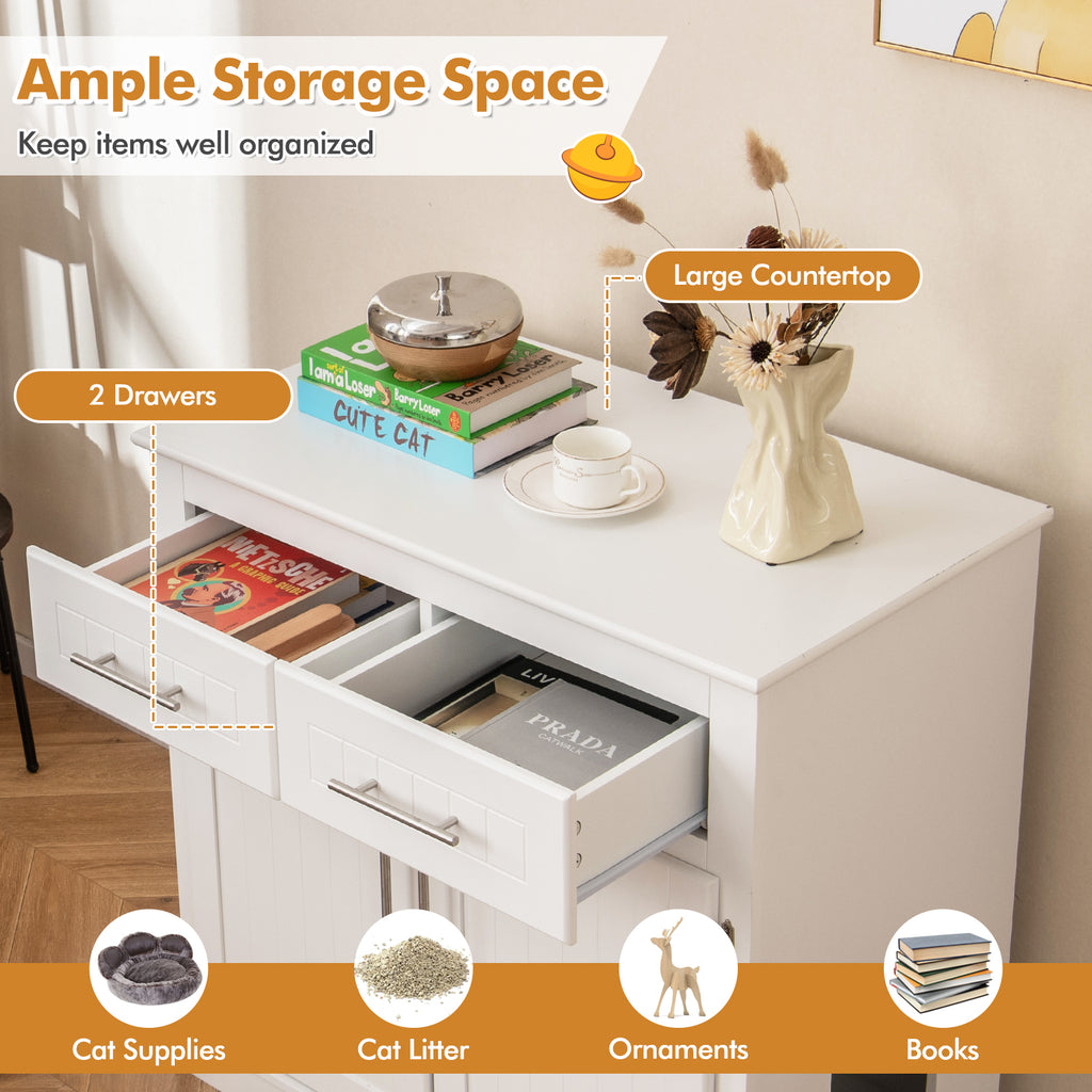 White Cat Litter Box Enclosure with 2 Drawers & Double Doors - Discreet Cat Cabinet