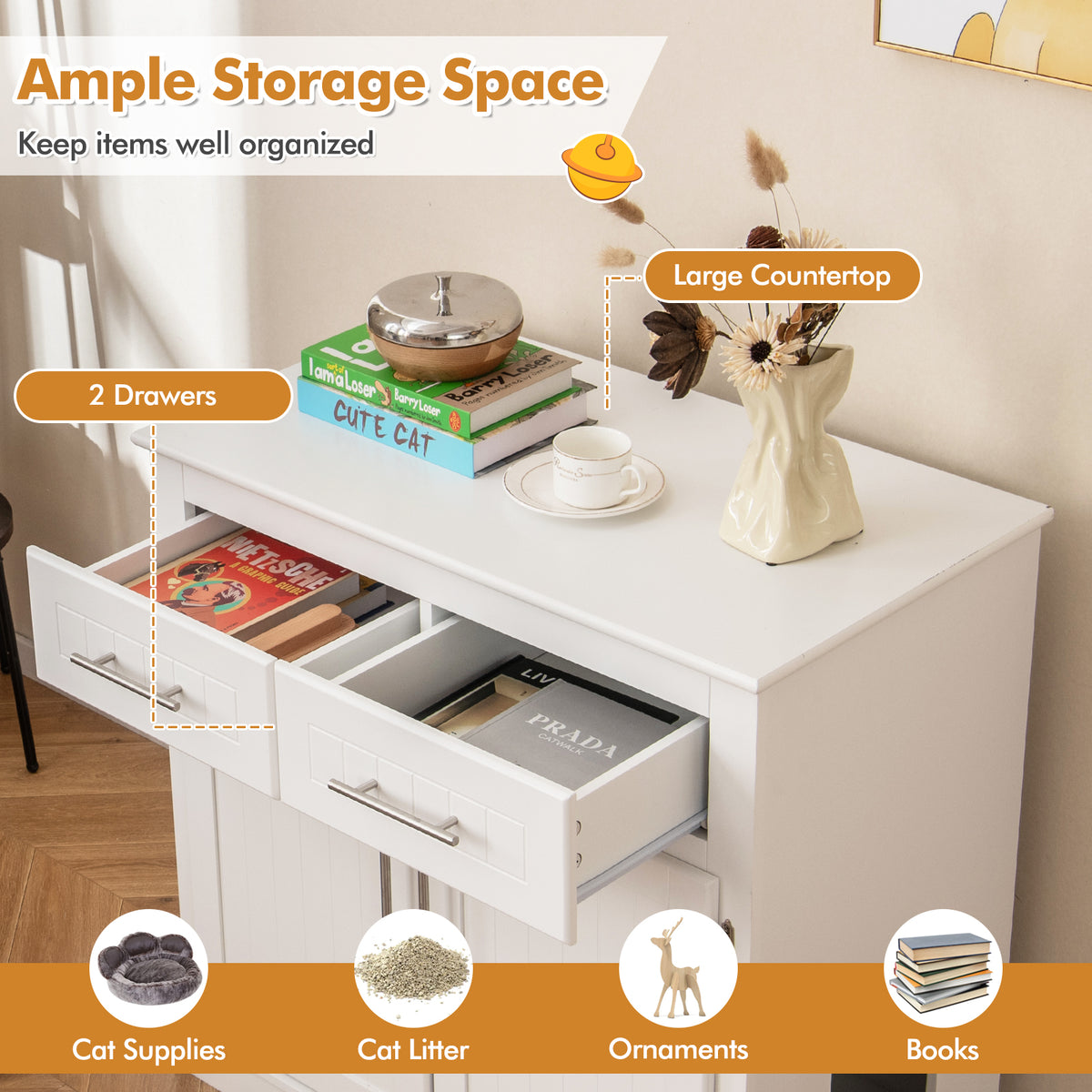 White Cat Litter Box Enclosure with 2 Drawers & Double Doors - Discreet Cat Cabinet