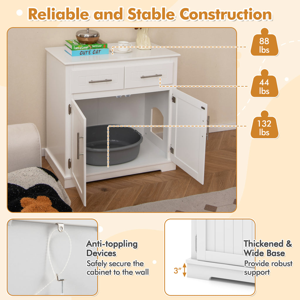 White Cat Litter Box Enclosure with 2 Drawers & Double Doors - Discreet Cat Cabinet