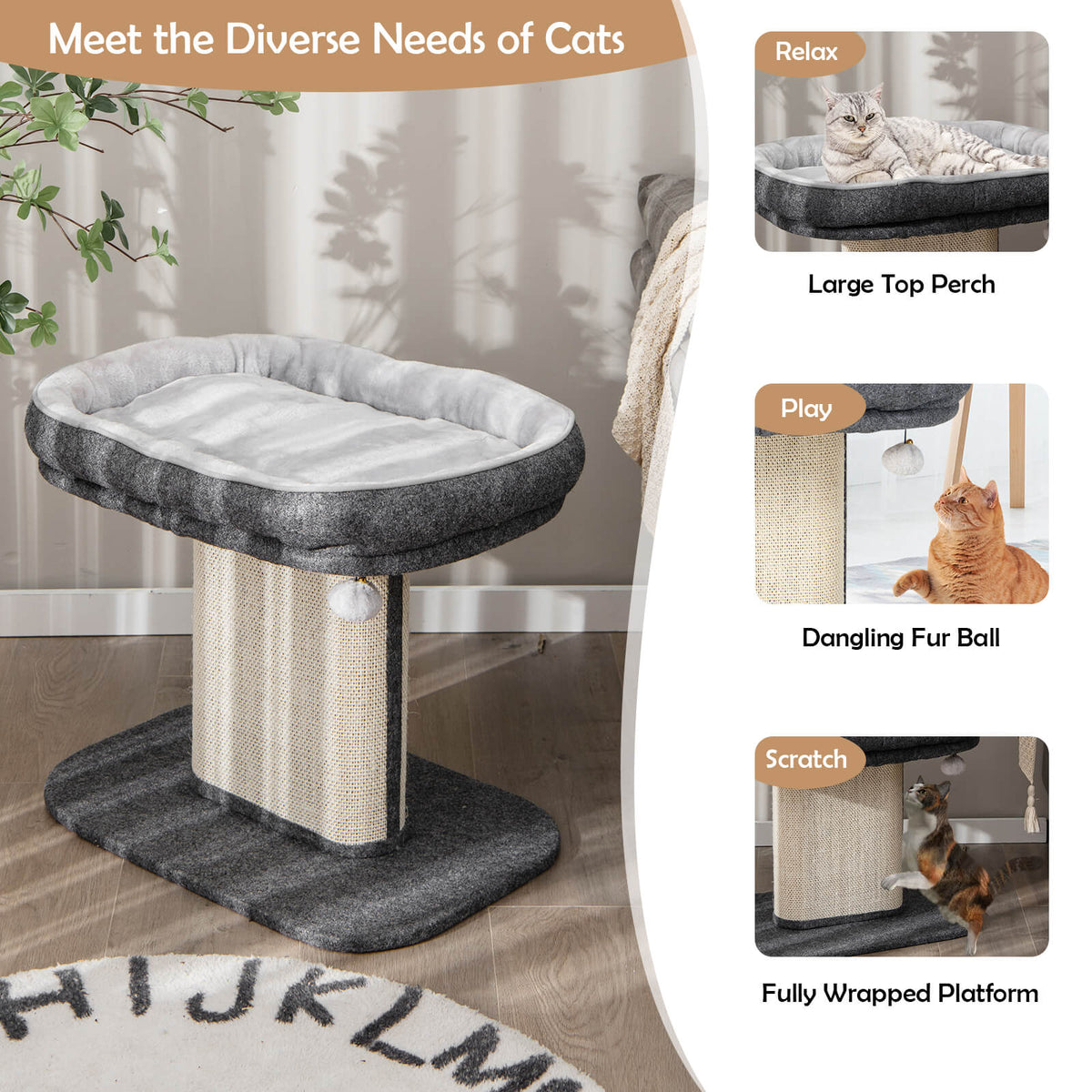 Modern Cat Tree Tower with Plush Perch Sisal Scratching Plate Gray