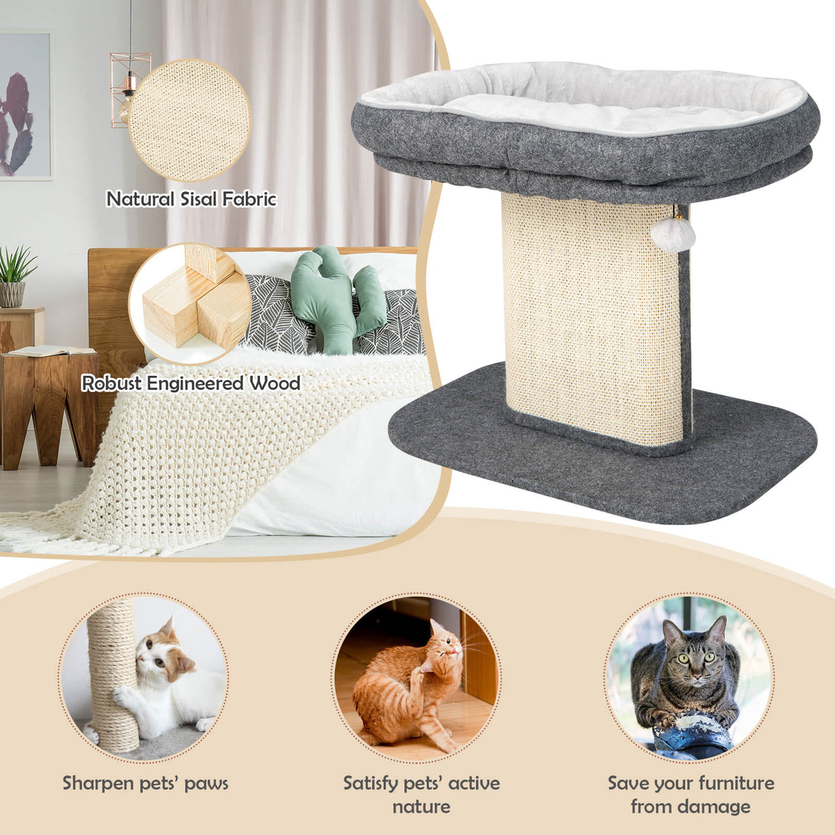 Modern Cat Tree Tower with Plush Perch Sisal Scratching Plate Gray