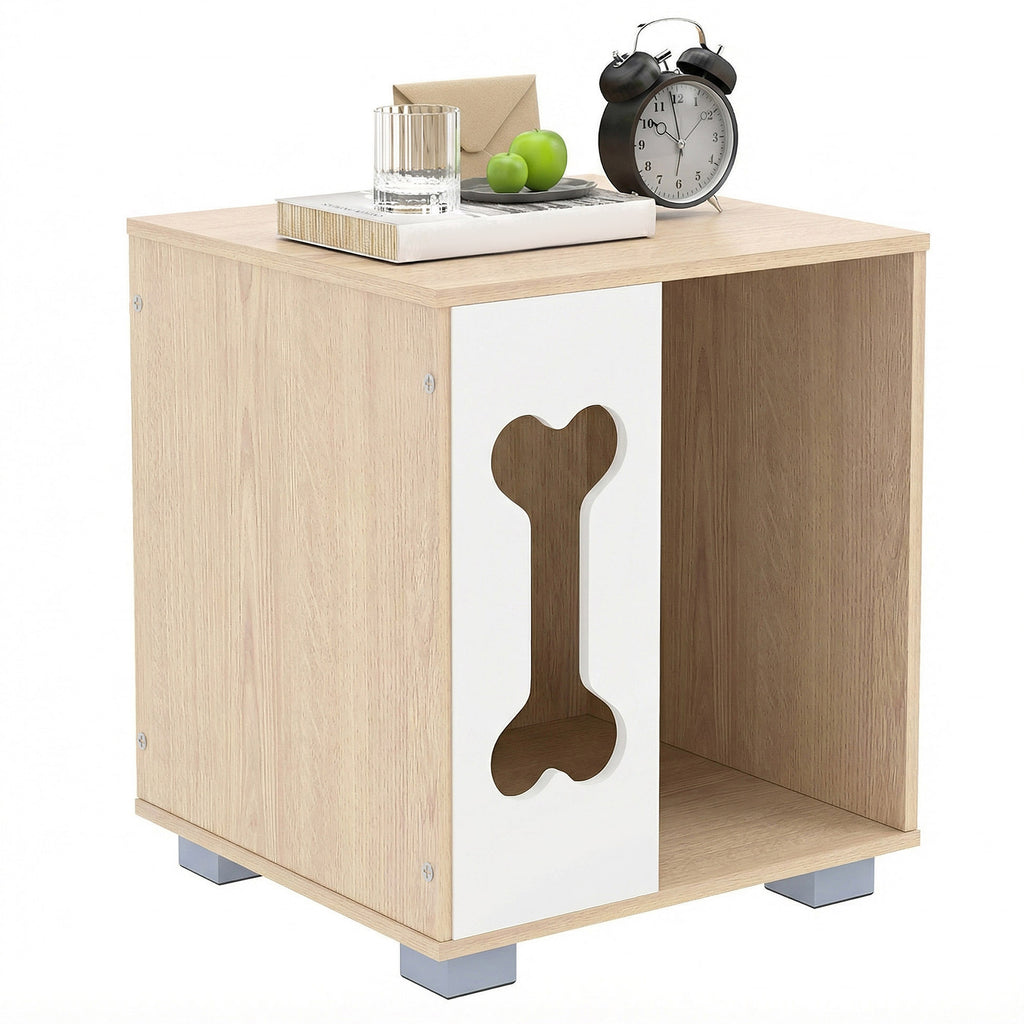 Dog Bed Side Table Wooden Dog Condo with Bone Window & Metal Legs - Natural Variation