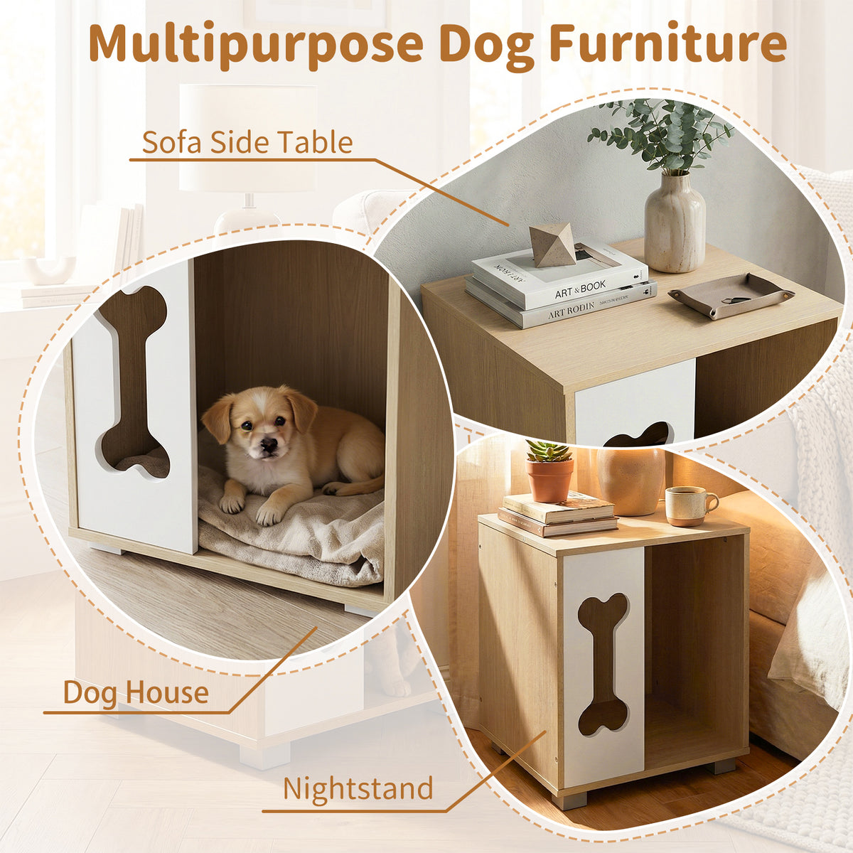 Dog Bed Side Table Wooden Dog Condo with Bone Window & Metal Legs - Natural Variation
