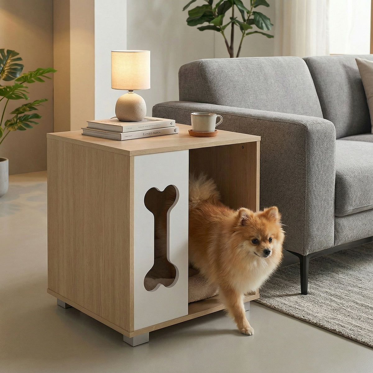 Dog Bed Side Table Wooden Dog Condo with Bone Window & Metal Legs - Natural Variation