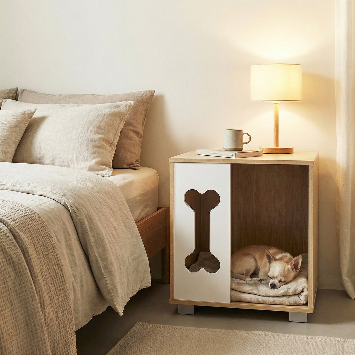Dog Bed Side Table Wooden Dog Condo with Bone Window & Metal Legs - Natural Variation