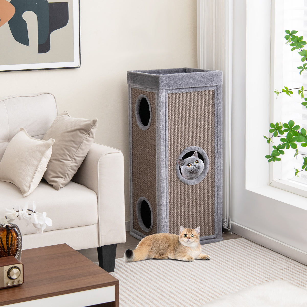 4-Story Gray Cat Condo Tower with Scratching Posts, Hideaways & Cushions - 39 Inch Tall