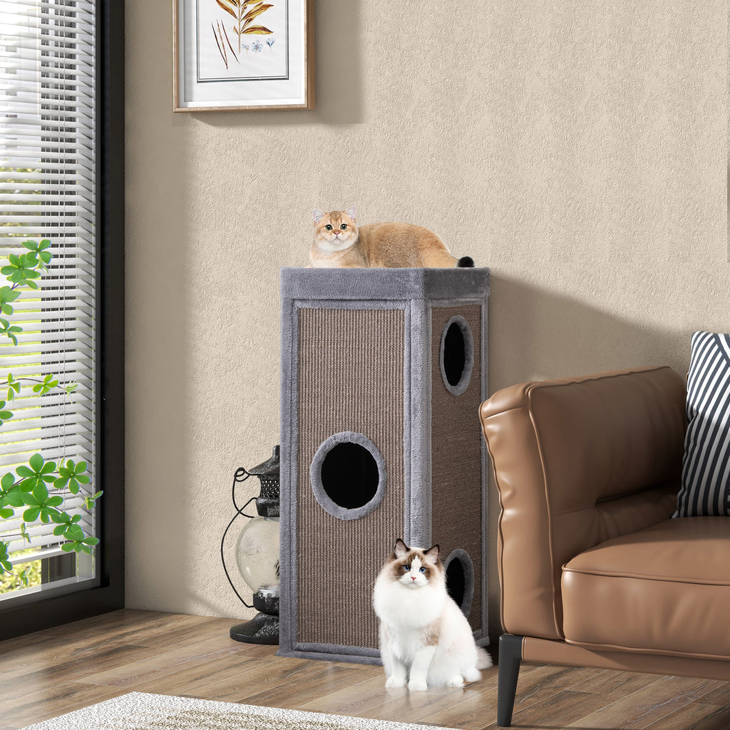 4-Story Gray Cat Condo Tower with Scratching Posts, Hideaways & Cushions - 39 Inch Tall
