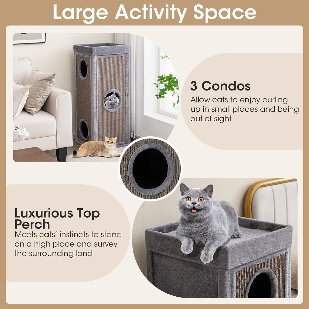 4-Story Gray Cat Condo Tower with Scratching Posts, Hideaways & Cushions - 39 Inch Tall