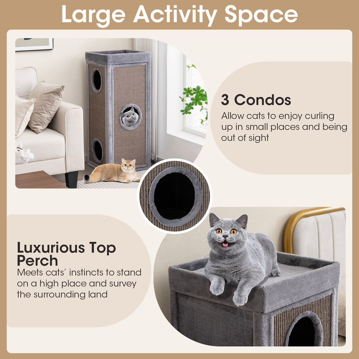 4-Story Gray Cat Condo Tower with Scratching Posts, Hideaways & Cushions - 39 Inch Tall