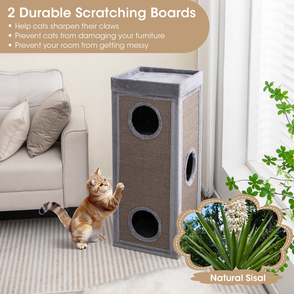 4-Story Gray Cat Condo Tower with Scratching Posts, Hideaways & Cushions - 39 Inch Tall