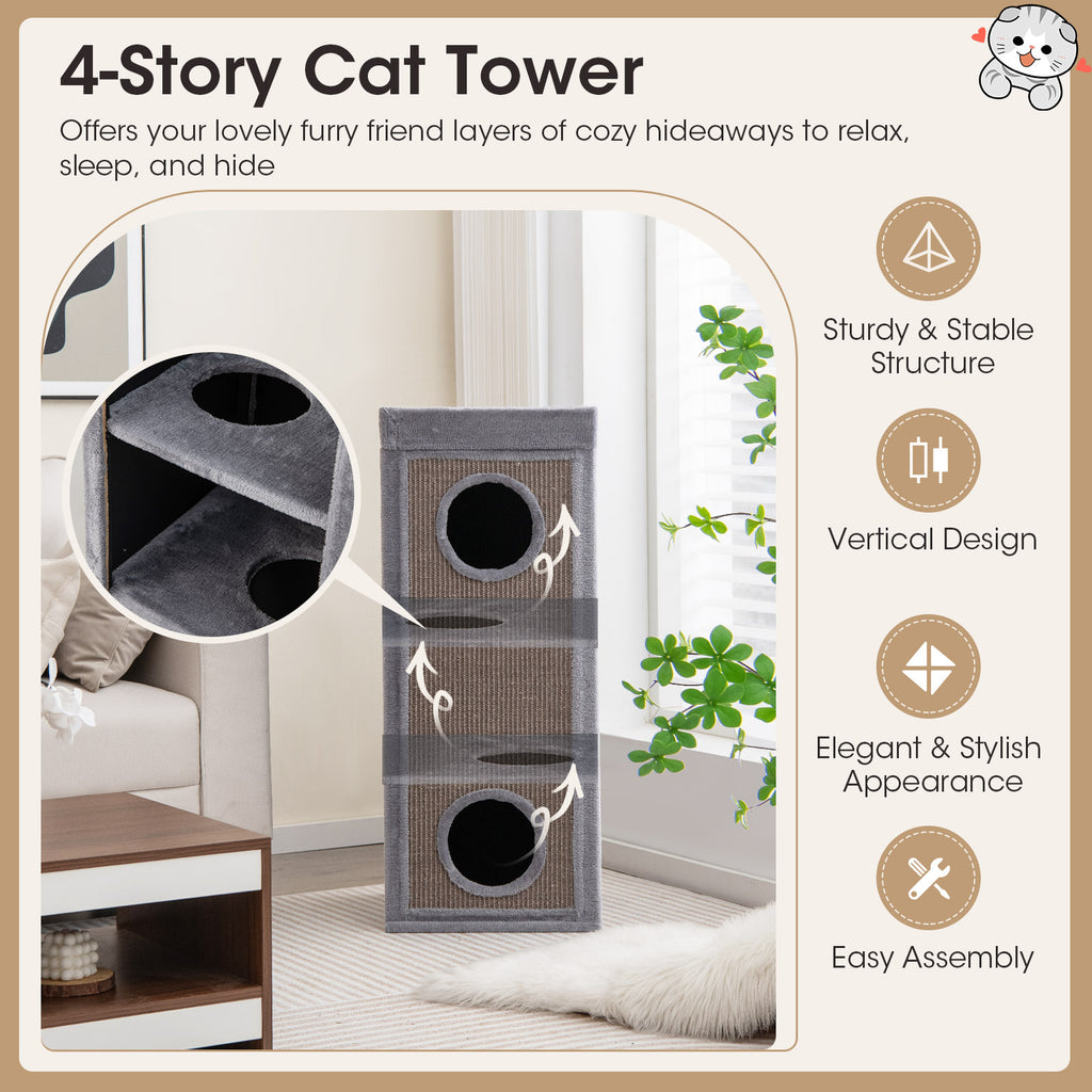 4-Story Gray Cat Condo Tower with Scratching Posts, Hideaways & Cushions - 39 Inch Tall