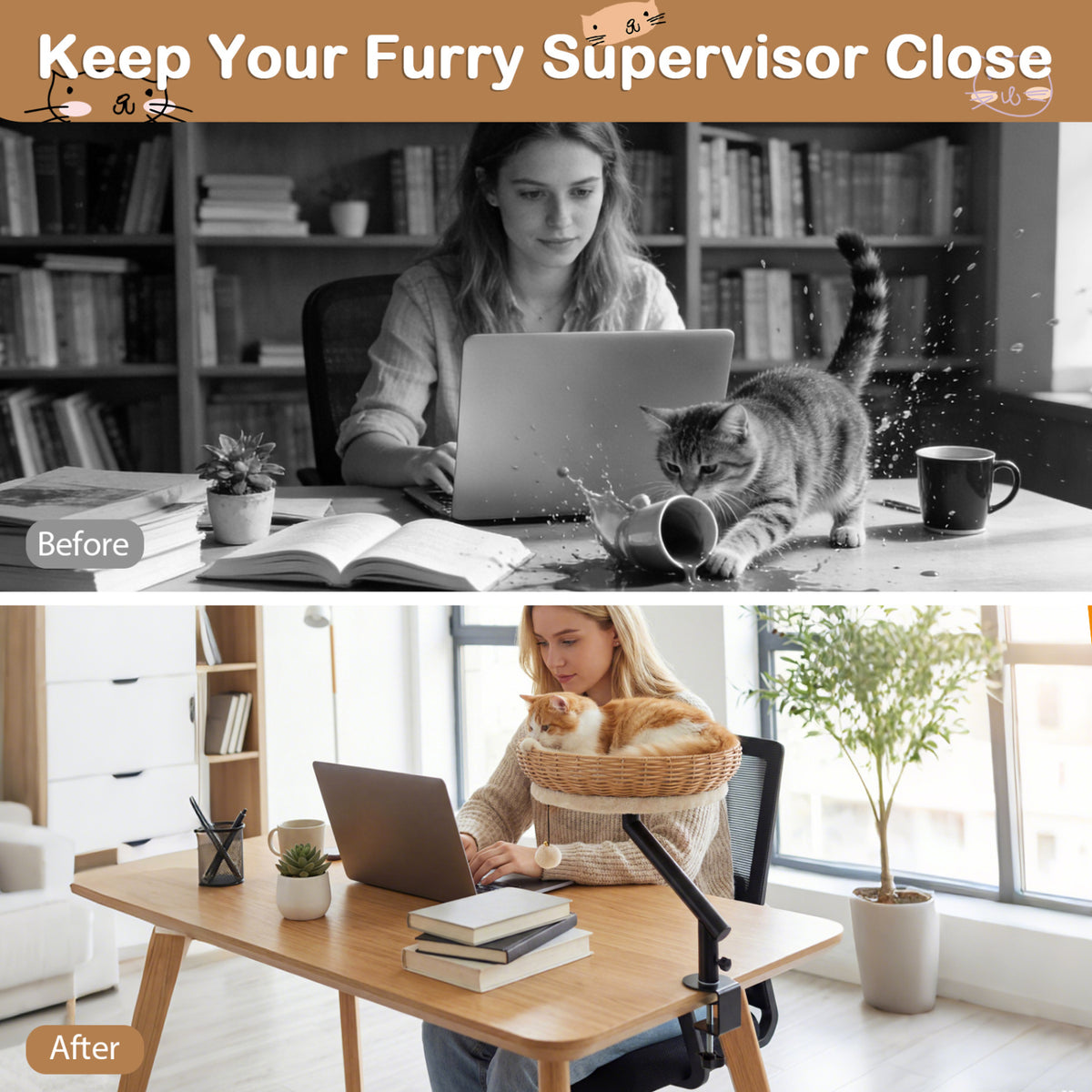 Natural Cat Desk Bed with Removable Cushion - Indoor Cat Furniture
