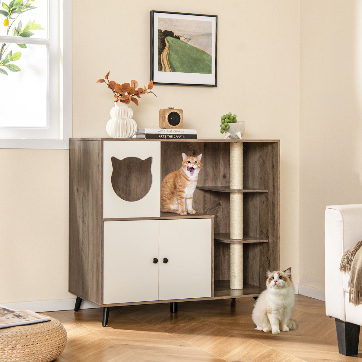 Cat Litter Box Enclosure with 3 Sisal Scratching Posts - Natural Variation