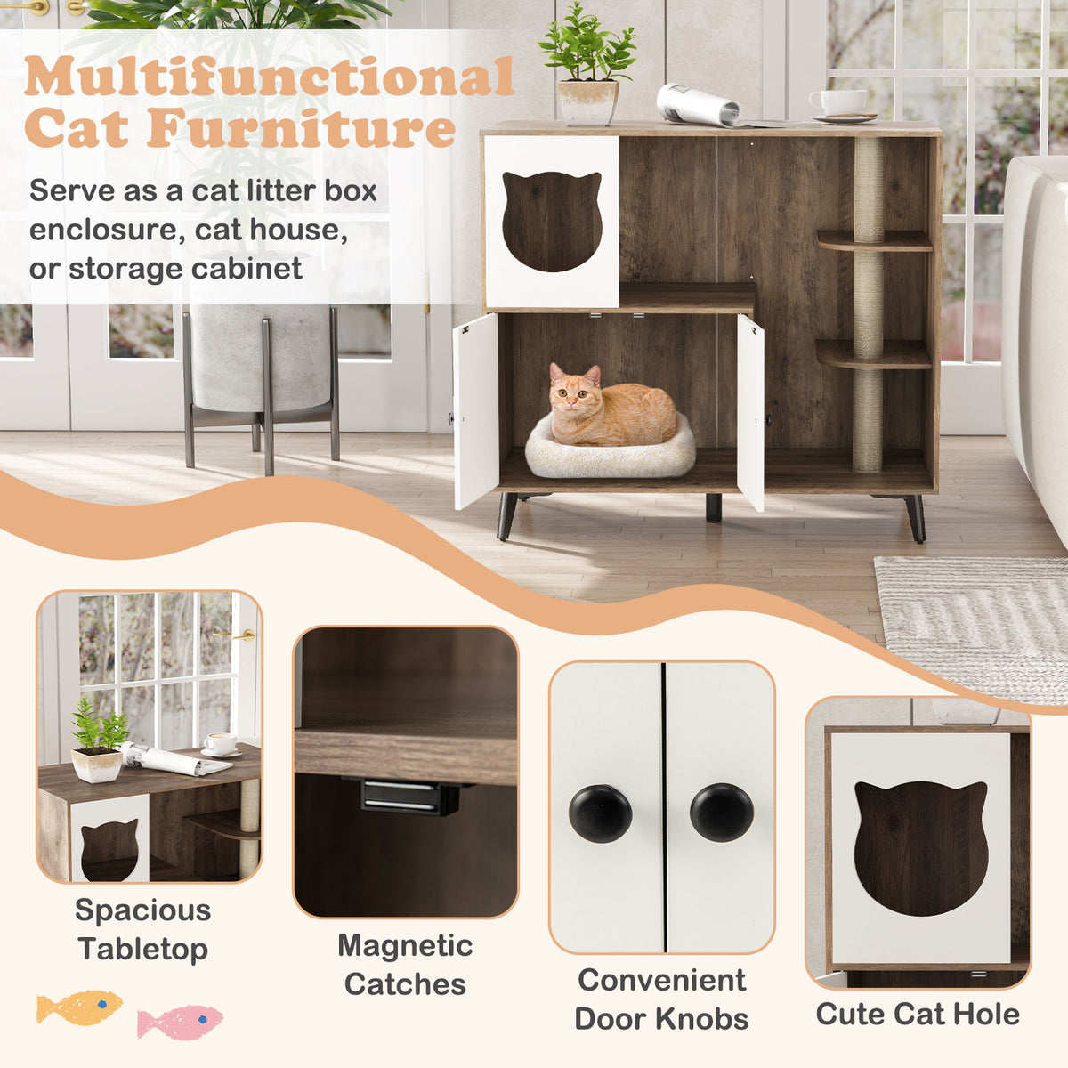 Cat Litter Box Enclosure with 3 Sisal Scratching Posts - Natural Variation
