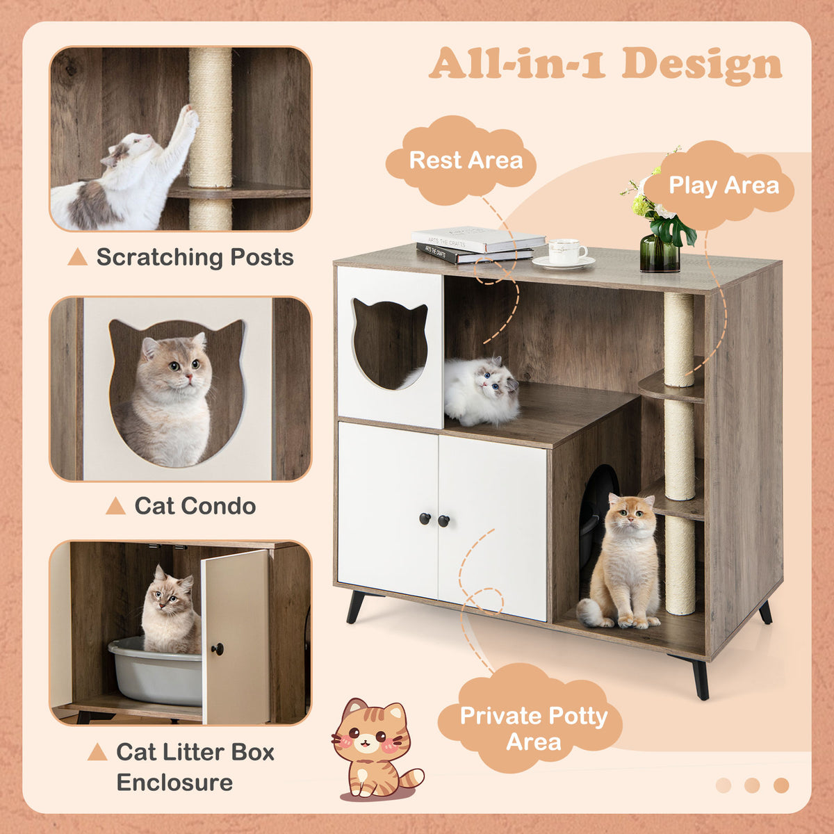 Cat Litter Box Enclosure with 3 Sisal Scratching Posts - Natural Variation