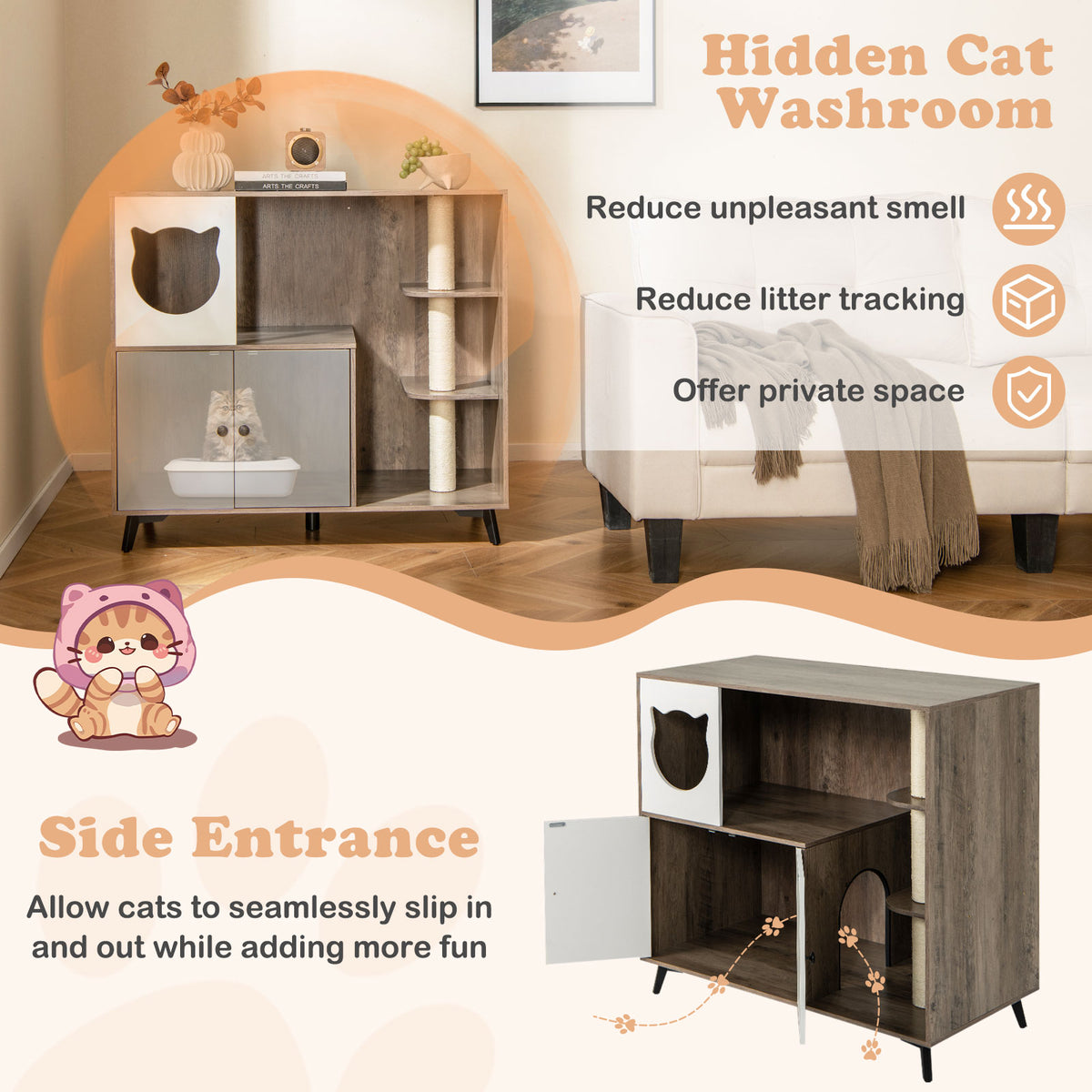 Cat Litter Box Enclosure with 3 Sisal Scratching Posts - Natural Variation