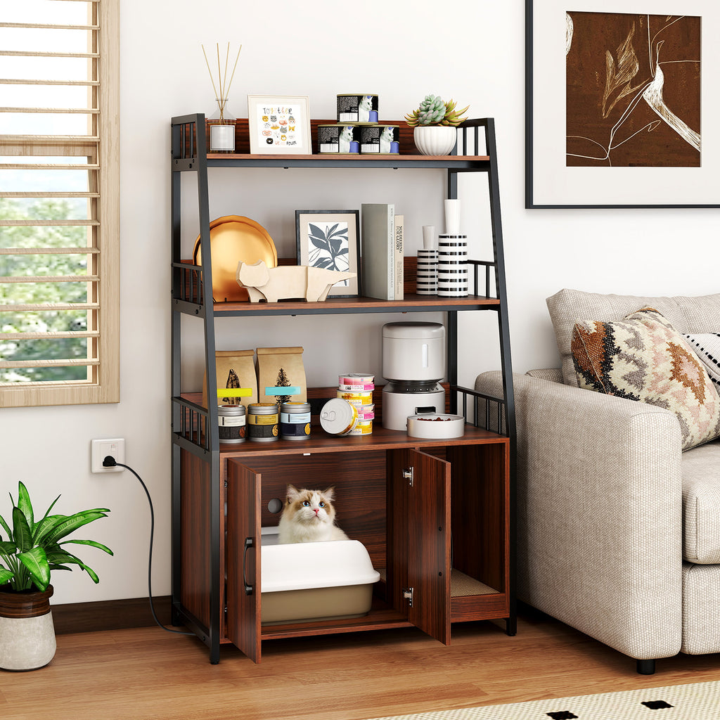 Cat Litter Box Enclosure with Storage Shelves & Scratching Pad - Walnut Variation