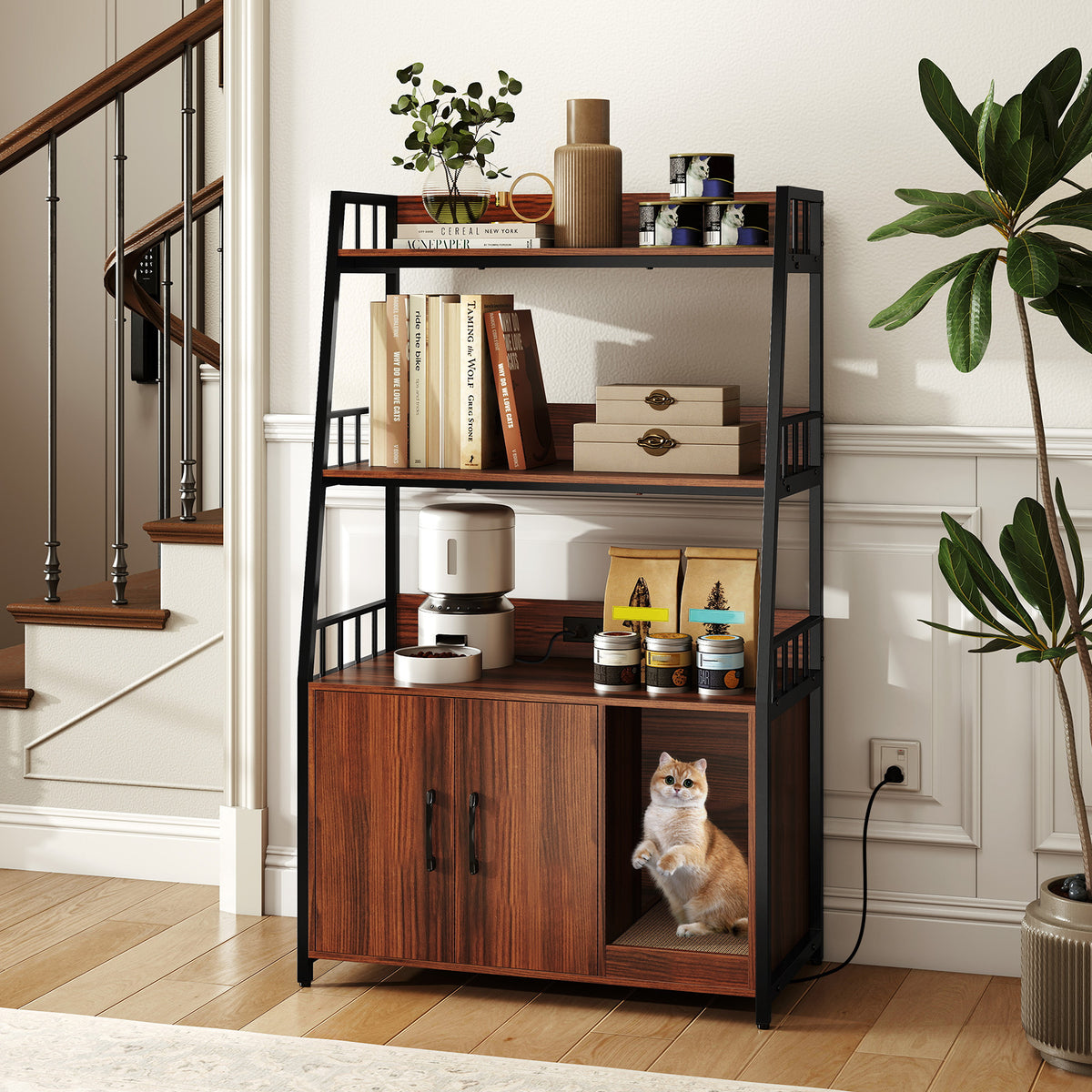 Cat Litter Box Enclosure with Storage Shelves & Scratching Pad - Walnut Variation