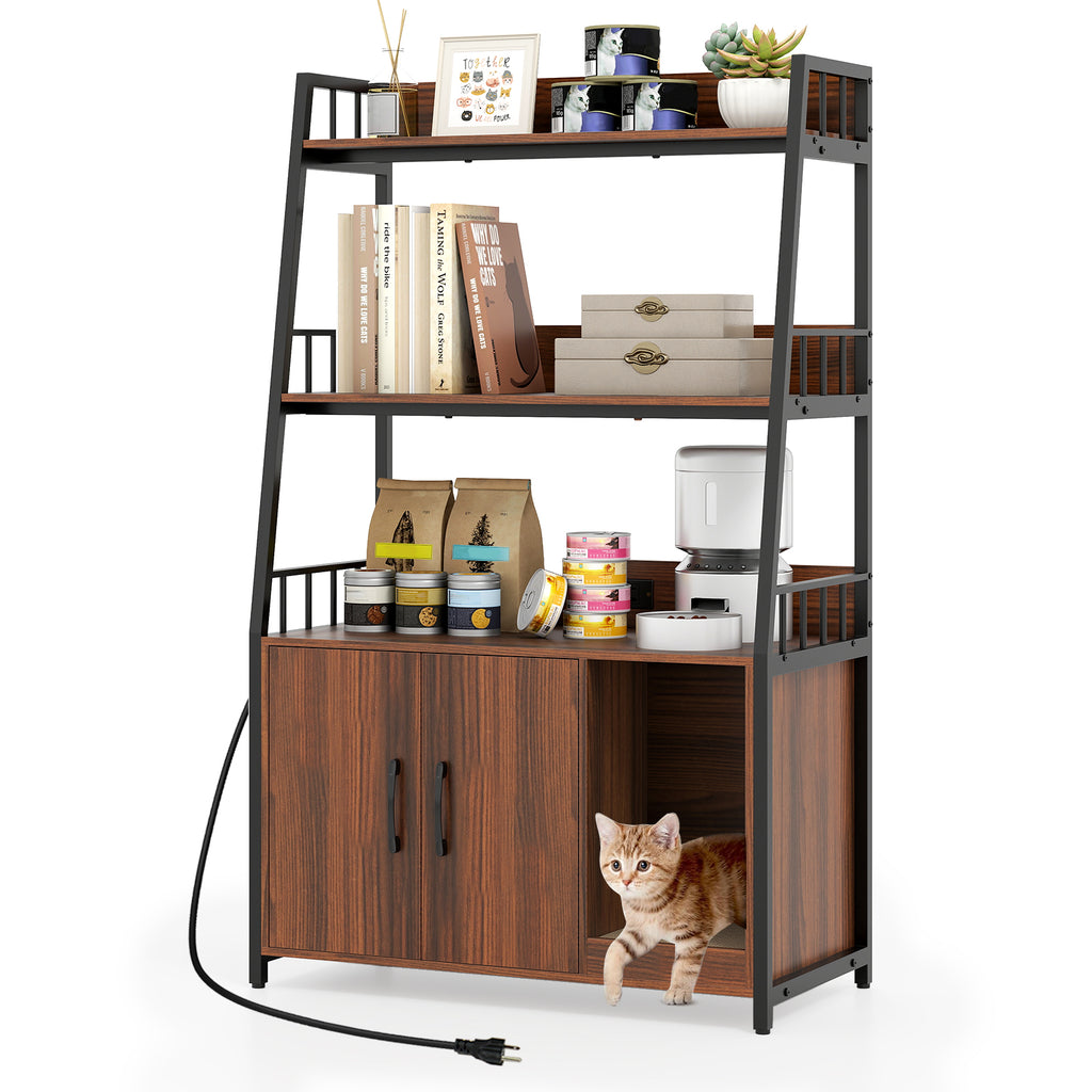 Cat Litter Box Enclosure with Storage Shelves & Scratching Pad - Walnut Variation